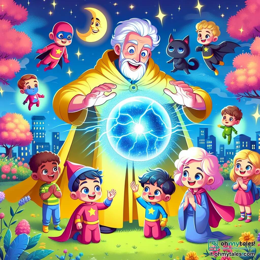 Une illustration sous forme de dessin destinée aux enfants représentant un grand jardin coloré de la Scuola dei Supereroi, avec un homme aux cheveux blancs comme la lune et un manteau jaune flottant, qui crée une brillante boule de lumière bleue avec ses mains, entouré de jeunes héros aux apparences variées, dont une fille aux cheveux roses qui sourit et applaudit, tandis qu'un petit dragon noir, avec des yeux tristes, les observe, tous réunis dans une ambiance joyeuse et lumineuse, prêts à découvrir leurs pouvoirs et à aider un nouvel ami.