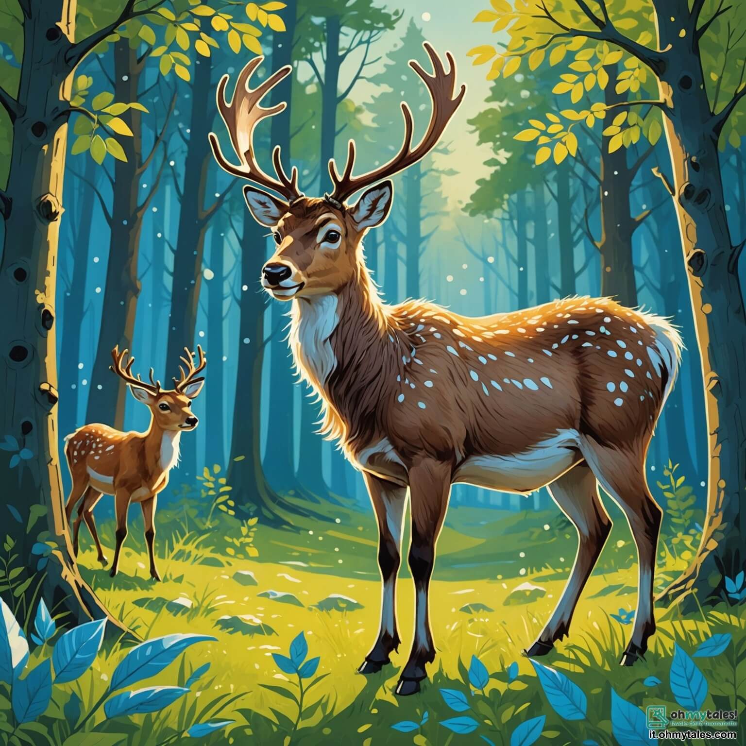 Une illustration destinée aux enfants représentant un jeune renne au pelage éclatant comme la neige, aux yeux pétillants de curiosité, se tenant au bord d'une clairière ensoleillée au cœur d'une forêt enchantée, où les arbres majestueux aux feuilles verdoyantes dansent doucement sous la brise légère, entouré de ses amis animaux, dont un petit canarino aux plumes d'un bleu éclatant, qui l'encourage à réaliser son rêve de voler dans le ciel azuré, tandis que des fleurs colorées et des rayons de soleil filtrent à travers les branches, créant une atmosphère magique et pleine d'espoir.
