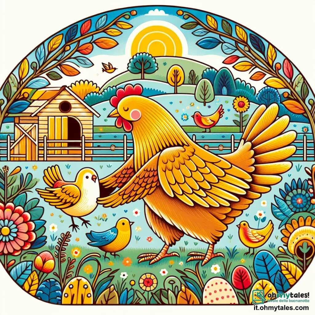 Une illustration destinée aux enfants représentant une poule dorée et généreuse qui aide un petit oiseau à voler, dans un paisible et coloré jardin de campagne.