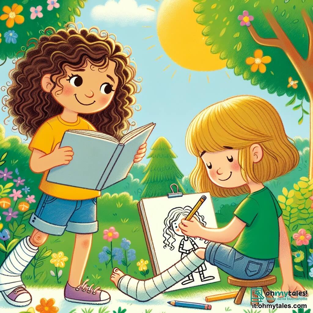 Une illustration sous forme de dessin destinée aux enfants représentant un parc ensoleillé avec des arbres verdoyants et des fleurs colorées, où une fille de 11 ans aux cheveux bruns et bouclés, portant un t-shirt jaune et un short en jean, sourit en tenant un carnet de croquis, tandis qu'à ses côtés se trouve une autre fille de 11 ans, aux cheveux blonds et lisses, avec une jambe dans le plâtre, qui dessine avec une grande concentration, illustrant un moment de complicité et de créativité entre deux amies qui apprennent à surmonter les différences et à célébrer l'amitié.