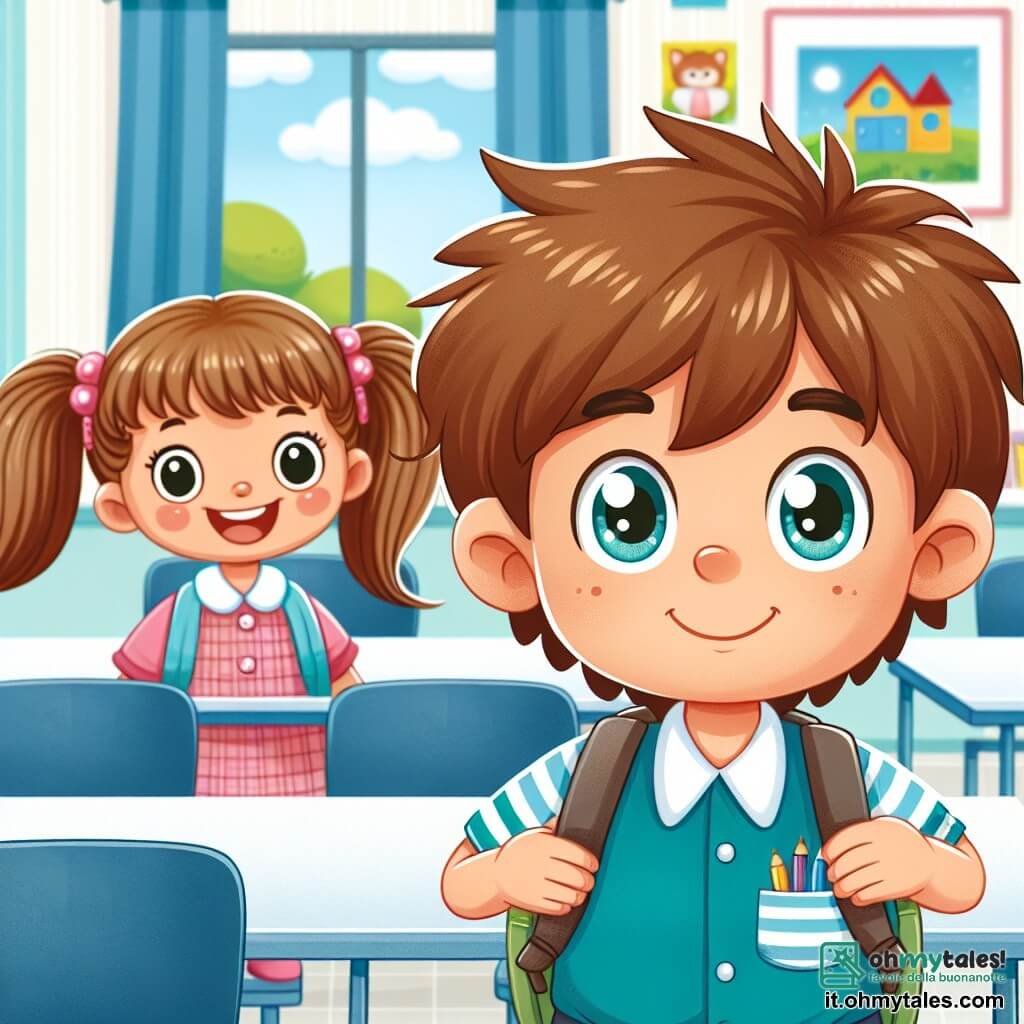 Une illustration destinée aux enfants représentant un garçon aux cheveux ébouriffés et aux yeux pétillants, se préparant pour sa première journée d'école, accompagné de son amie, une fille aux couettes et au sourire radieux, dans une classe lumineuse et colorée avec des tableaux accrochés aux murs et des pupitres alignés parfaitement.