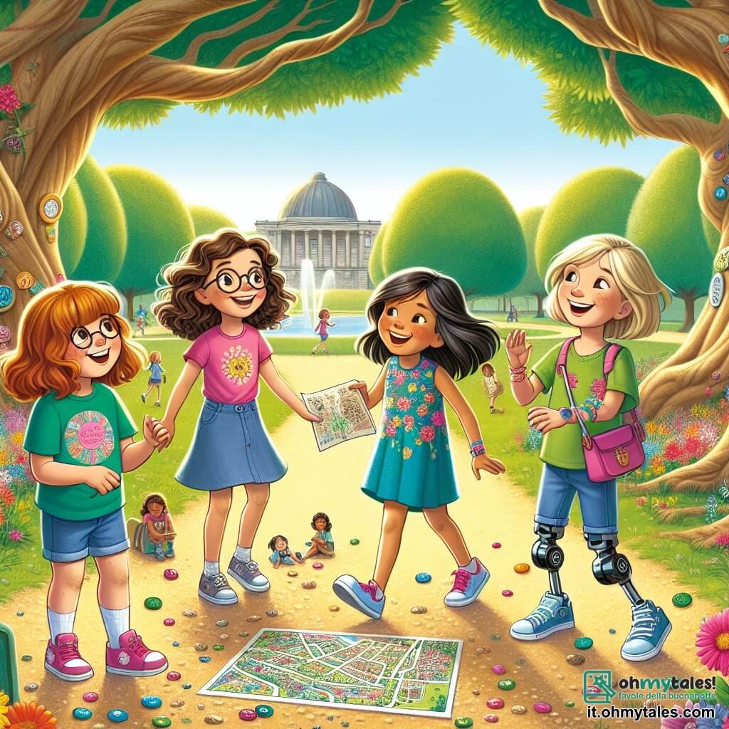 Illustrazione di un parco soleggiato, pieno di fiori colorati e alberi maestosi. Al centro, un grande albero secolare offre ombra, mentre un sentiero di ghiaia si snoda attraverso il parco, circondato dalle risate dei bambini. In questa scena, quattro ragazze di circa otto anni si trovano insieme. Una di loro, con capelli castani e occhiali, indossa una maglietta rosa e pantaloni corti di jeans. Sorride gioiosamente, tenendo in mano una mappa disegnata. Un'altra ragazza, con capelli biondi e ricci, indossa un vestito a fiori colorati e guarda attentamente la mappa. La terza, con capelli castani e una protesi alla gamba destra, indossa una maglietta blu e pantaloni comodi, mostrando un grande sorriso. L'ultima ragazza, con capelli neri e lisci, è vestita con una maglietta verde e pantaloni corti, alzando le braccia in segno di eccitazione. La situazione principale mostra le ragazze mentre collaborano per una caccia al tesoro, circondate da piccoli giocattoli e caramelle colorate che hanno scoperto. I loro volti brillano di gioia ed entusiasmo, illustrando lo spirito di amicizia e inclusione. Farfalle svolazzano attorno a loro, aggiungendo un tocco di magia a questa scena piena di vita e di cameratismo.