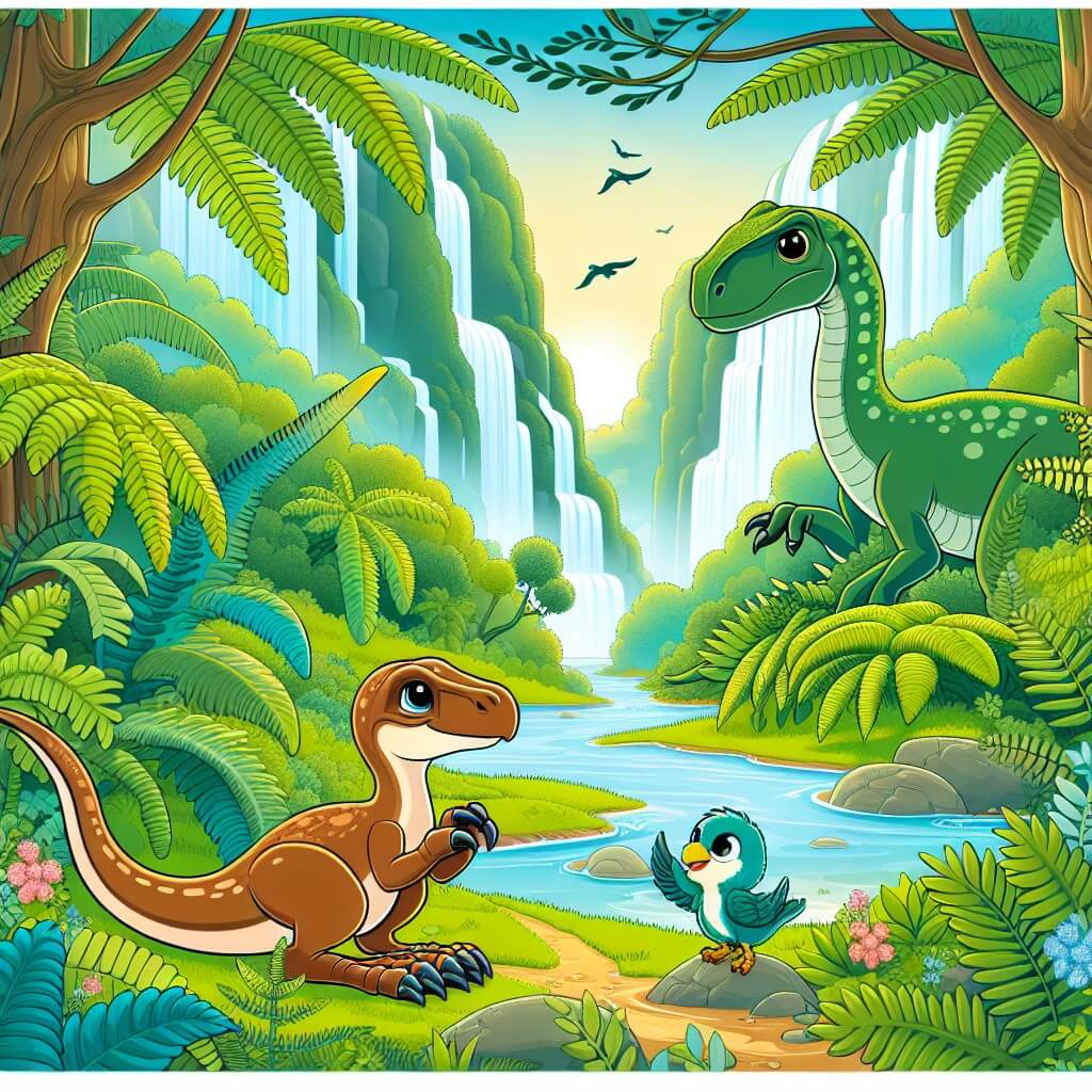 Une illustration destinée aux enfants représentant un vélociraptor curieux se lançant dans une aventure palpitante avec un ami gentil et attentionné, à travers une vallée luxuriante peuplée de fougères géantes et de cascades scintillantes.