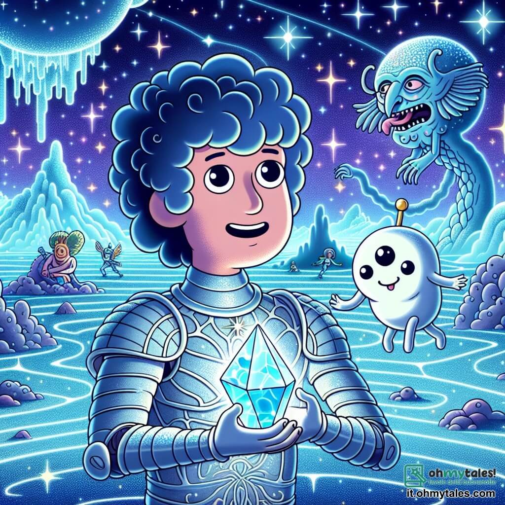 Une illustration sous forme de dessin destinée aux enfants représentant un paysage éblouissant de la planète Luminara, où des surfaces scintillantes brillent sous un ciel étoilé, avec un homme aux cheveux bouclés et bleus, portant une armure scintillante, tenant un cristal lumineux dans ses mains, tandis qu'à ses côtés, un petit robot rond avec un grand œil et une expression joyeuse flotte, tous deux faisant face à une créature étrange aux tentacules dans un labyrinthe de brume, symbolisant leur quête pour protéger l'univers et découvrir le pouvoir du Cristal Cosmique.