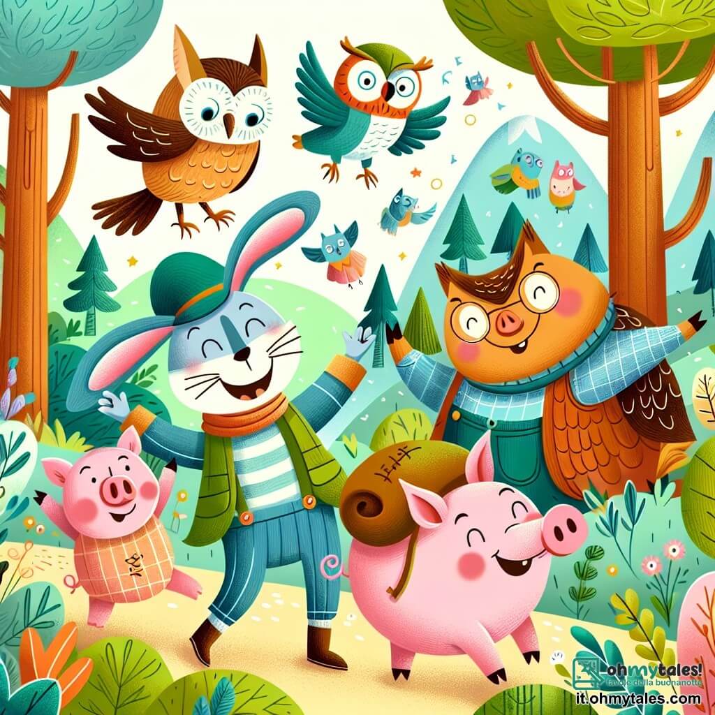 Une illustration destinée aux enfants représentant un lapin malicieux, un cochon farfelu et un hibou sage dans un Bosco Allegro, à la recherche d'un objet perdu pour ensuite organiser une fête joyeuse.
