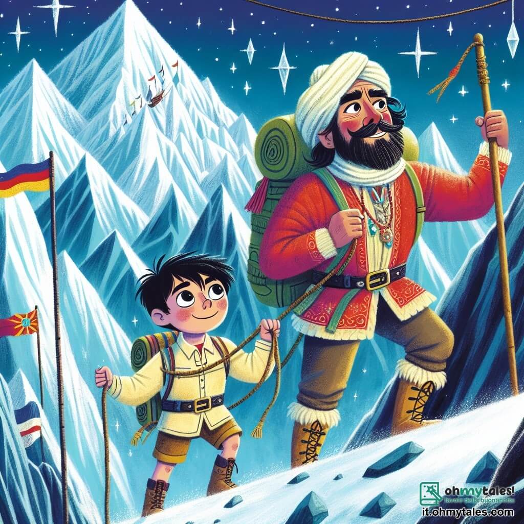 Une illustration destinée aux enfants représentant un jeune explorateur intrépide, accompagné d'un guide alpin expérimenté, escaladant le Monte Argento, une majestueuse montagne enneigée aux parois escarpées et aux sommets étincelants, cachant des secrets anciens et des trésors perdus.