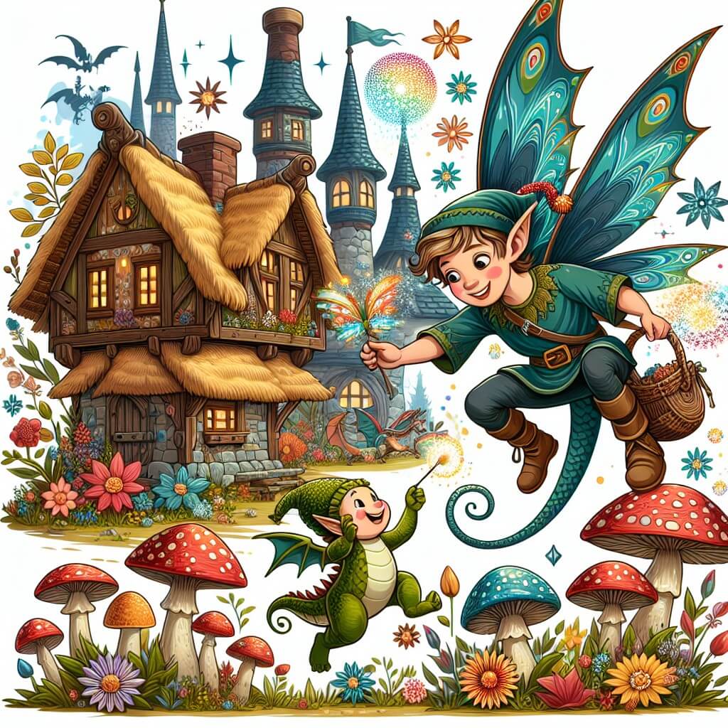 Une illustration destinée aux enfants représentant un elfe joyeux, en train de faire des blagues, accompagné d'un petit dragon farceur, dans un village enchanté entouré de champignons colorés et de fleurs lumineuses.