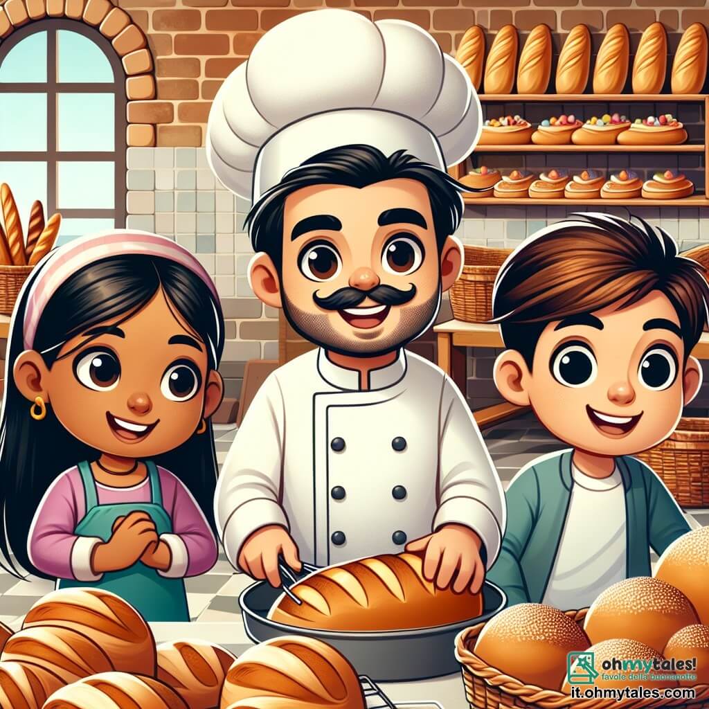 Une illustration destinée aux enfants représentant un boulanger souriant préparant du pain dans sa petite boulangerie, avec deux enfants curieux et enthousiastes à ses côtés, entourés de pains dorés et de délicieuses pâtisseries, dans une charmante panetterie aux murs en briques et aux étagères remplies de douceurs alléchantes.