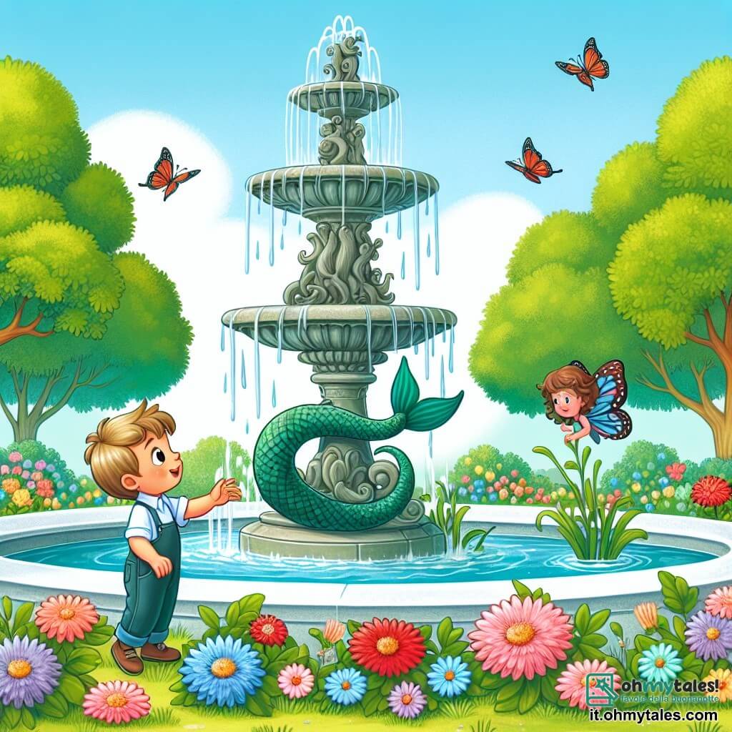 Une illustration destinée aux enfants représentant un garçon curieux et aventurier rencontrant un nouvel ami solitaire dans un parc verdoyant près d'une grande fontaine en forme de sirène, entourée de fleurs multicolores, avec des papillons virevoltant joyeusement dans l'air printanier.