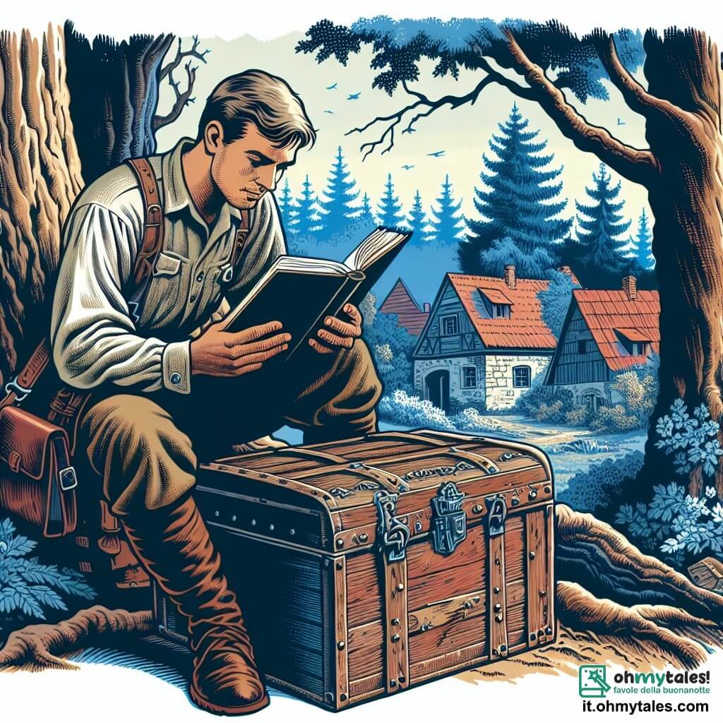 Une illustration destinée aux enfants représentant un homme courageux, plongé dans la lecture d'un mystérieux journal de guerre, découvert dans une vieille cassetta en bois, cachée parmi les arbres d'un paisible village de campagne.