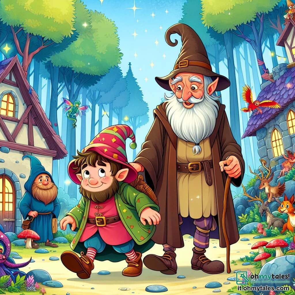 Une illustration destinée aux enfants représentant un sorcier maladroit et espiègle, accompagné d'un vieux stregone sage, dans un village enchanteur entouré de forêts magiques et de créatures fantastiques.