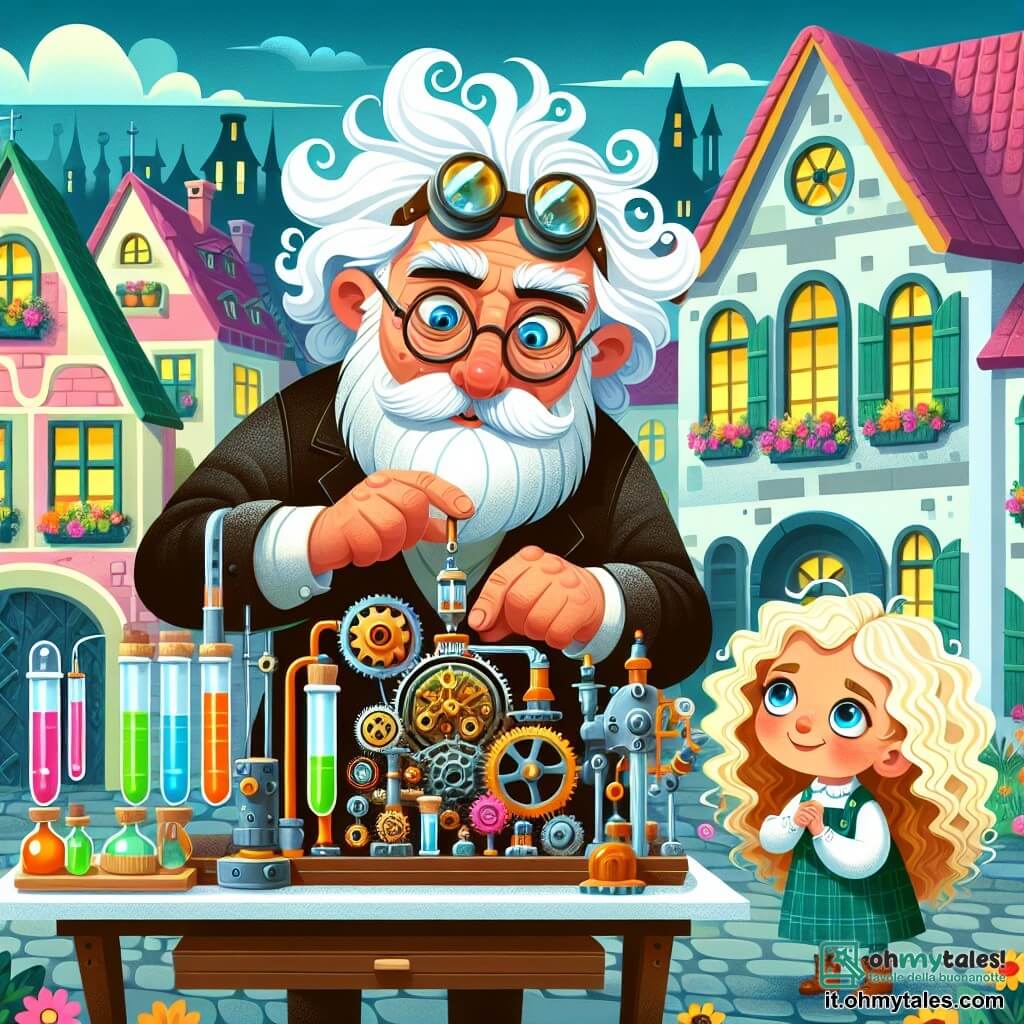 Une illustration destinée aux enfants représentant un inventeur excentrique, un garçon âgé, créant une machine étrange dans son laboratoire rempli de rouages brillants et de tubes colorés, sous le regard intrigué d'une petite fille aux boucles blondes, curieuse de découvrir ses inventions farfelues, dans un village aux maisons colorées et aux jardins fleuris.