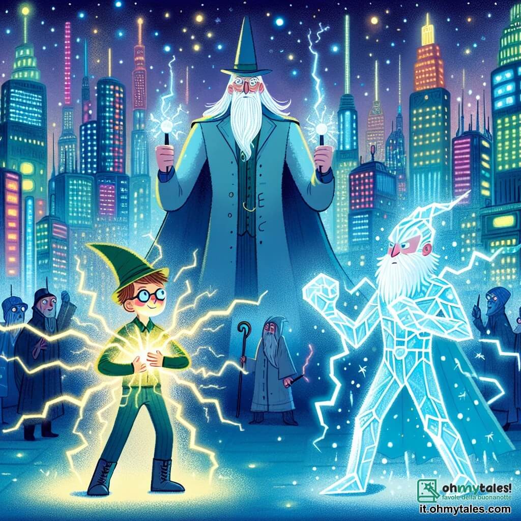 Une illustration destinée aux enfants représentant un jeune garçon doté de pouvoirs électriques, affrontant un super vilain de glace avec l'aide d'un sage mentor barbu, dans une cité futuriste scintillante de lumières et de tours étincelantes.