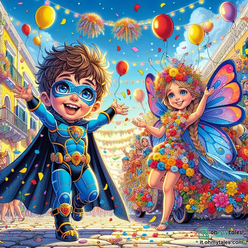 Illustrazione che rappresenta una scena vibrante del carnevale sull'Isola dei Colori. Il luogo è pieno di colori vivaci: palloncini rossi, blu e gialli fluttuano nel cielo soleggiato, mentre ghirlande di fiori decorano le strade lastricate. Al centro, un grande carro festivo, adornato di fiori scintillanti e luci, sfilano con danzatori gioiosi. Il personaggio principale è un ragazzo di 5 anni, con capelli castani disordinati e grandi occhi brillanti di gioia. Indossa un costume da supereroe blu, con un grande mantello svolazzante e una maschera gialla che nasconde parzialmente il suo sorriso. Si trova in piedi sul carro, lanciando coriandoli agli spettatori con un'espressione di eccitazione. Accanto a lui, una ragazza di 6 anni, con capelli biondi intrecciati e ali di farfalla colorate, danza con grazia. Indossa un abito fatto di petali di fiori e sorride felicemente, aggiungendo magia alla scena. La situazione principale mostra il ragazzo e la ragazza divertirsi insieme, circondati da risate e musica, mentre condividono un momento di felicità e amicizia nel cuore della festa. Bambini di altre età danzano attorno a loro, creando un'atmosfera festosa e gioiosa, con coriandoli che cadono dal cielo.