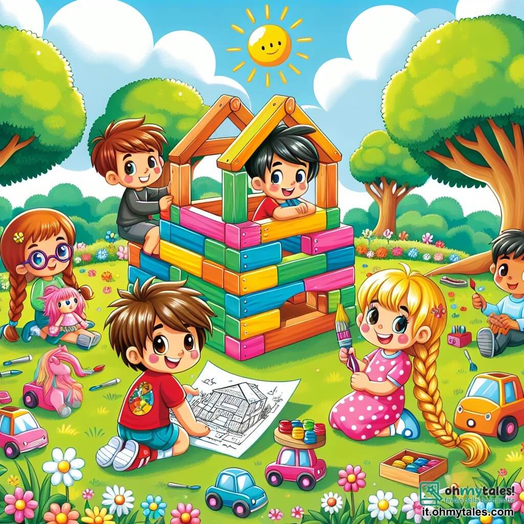Illustrazione che rappresenta un parco soleggiato, pieno di fiori colorati e alberi verdi. Al centro, un grande castello di legno, costruito con tavole di diversi colori, dove dei bambini giocano gioiosamente. Il personaggio principale è un ragazzo di 5 anni, con capelli castani arruffati e occhi scintillanti di curiosità. Indossa una maglietta rossa con un disegno di supereroe e un pantaloncino blu. Sta mostrando un piano di costruzione ai suoi amici, con un grande sorriso sul volto, pieno di entusiasmo. Tra i personaggi secondari, c'è una ragazza di 6 anni, con lunghi capelli biondi intrecciati e un vestito rosa a pois. Tiene una bambola in una mano e un pennello nell'altra, pronta a dipingere il castello. Un altro ragazzo di 5 anni, con occhiali e capelli neri, è seduto per terra, circondato da piccole auto, mentre immagina una corsa intorno al castello. La situazione principale mostra i bambini che collaborano gioiosamente per costruire e decorare il castello, ognuno portando le proprie idee e giochi, illustrando così l'uguaglianza di genere e la gioia di giocare insieme. Palloncini colorati fluttuano nel cielo, e un arcobaleno si disegna sullo sfondo, simboleggiando l'armonia e l'amicizia.