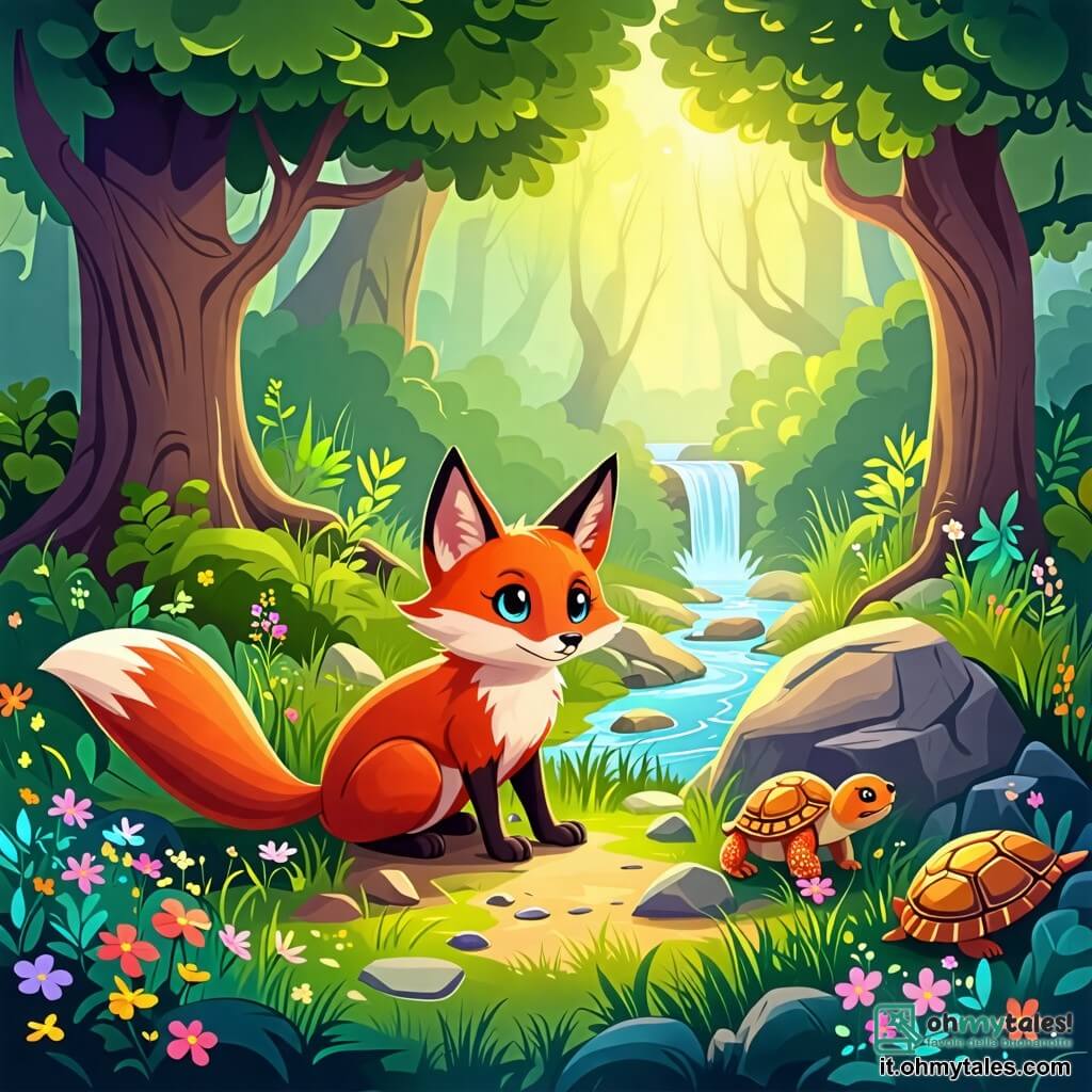 Illustrazione che rappresenta un radura incantata nel cuore di una foresta magica, circondata da alberi maestosi con tronchi spessi e foglie di un verde brillante. Al centro, una grande pietra liscia emette una dolce luce dorata, mentre un ruscello d'acqua cristallina serpeggia felicemente attraverso l'erba punteggiata di fiori colorati. Il personaggio principale è una volpe dal pelo rosso acceso, con occhi brillanti di curiosità e orecchie appuntite. È accovacciata, con le zampe anteriori immerse nel terreno, intenta a scavare con determinazione per liberare l'acqua da una sorgente nascosta. Accanto a lei, due amici la accompagnano: una piccola tartaruga con un guscio colorato, che si muove lentamente scavando con le sue robuste zampe, e un topolino dal pelo grigio, che corre intorno a loro con entusiasmo, pronto a esplorare ogni angolo. La scena illustra il momento in cui i tre amici, uniti nella loro ricerca, scoprono la magia dell'acqua che inizia a zampillare, illuminando il loro ambiente con una luce splendente. Spruzzi d'acqua scintillano intorno a loro, mentre i fiori sbocciano sotto l'effetto di questa magia ritrovata, creando un'atmosfera gioiosa e piena di speranza.