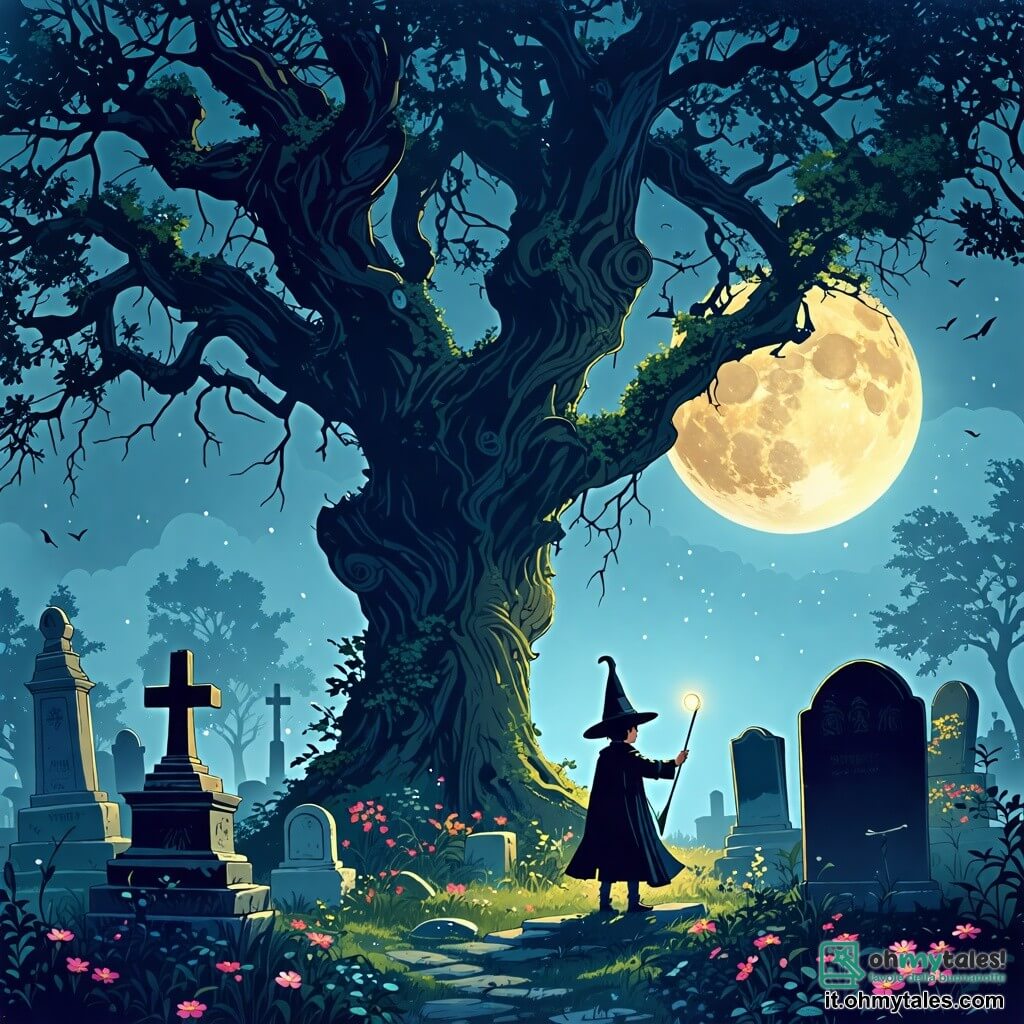 Illustrazione che rappresenta un cimitero misterioso avvolto in una leggera nebbia notturna. Le antiche tombe, ornate di licheni e fiori appassiti, sono illuminate dalla dolce luce della luna, mentre un grande albero dalle branche contorte si erge maestoso al centro della scena. In primo piano, un ragazzo di sette anni, vestito da mago con un cappello a punta e un mantello nero, tiene una bacchetta magica in mano, il volto illuminato dall'eccitazione. Accanto a lui, una ragazza di sette anni, travestita da strega con un lungo mantello nero e un cappello a punta, guarda con curiosità un piccolo fantasma traslucido che fluttua vicino a loro, i suoi grandi occhi gentili brillanti di speranza. La scena principale mostra i bambini, mano nella mano, avvicinarsi a un portico di pietra scintillante, pronti ad aiutare il fantasma a ritrovare la sua strada. Sullo sfondo, rovi e ombre misteriose aggiungono un tocco di magia e avventura a questa scena di Halloween. Stelle scintillanti nel cielo completano l'atmosfera incantata di questa notte speciale.
