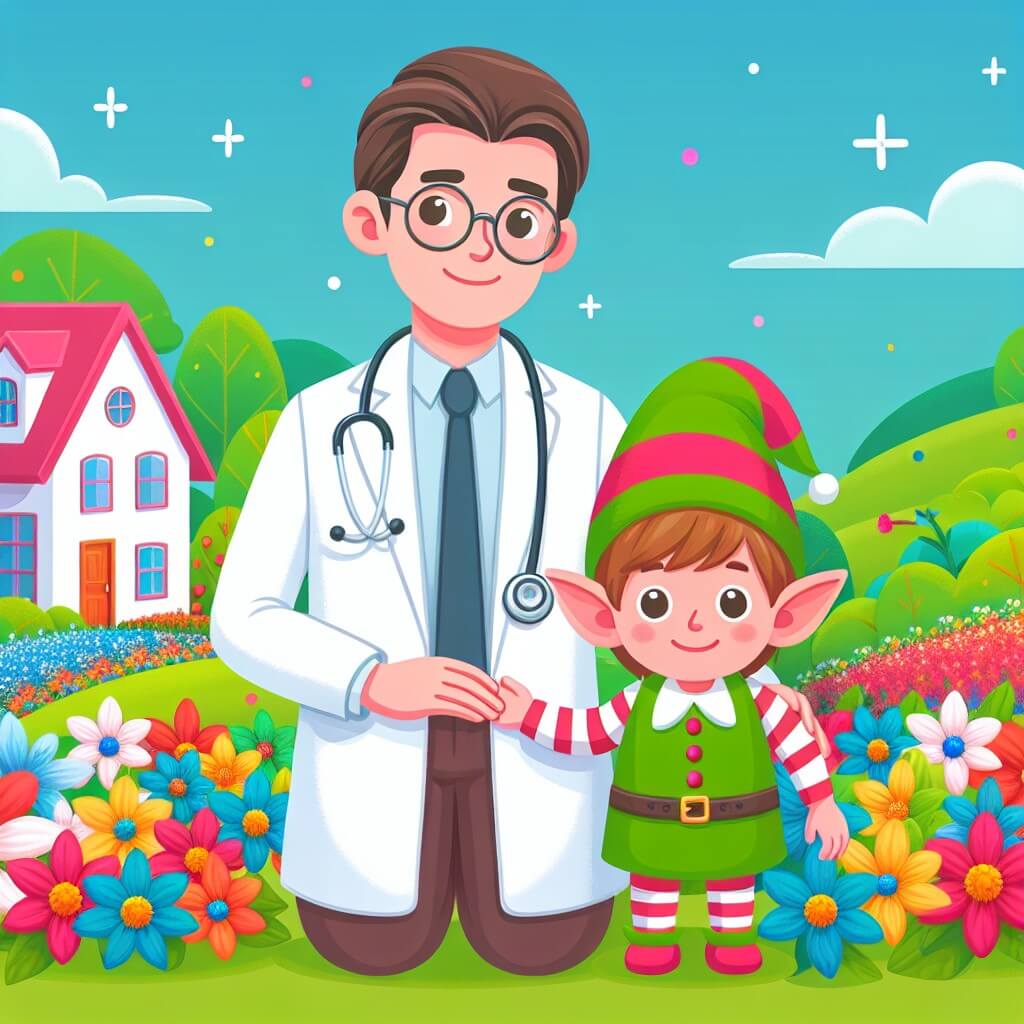 Une illustration destinée aux enfants représentant un homme en blouse blanche, un stéthoscope autour du cou, accompagné d'un petit elfe, se tenant devant une maison colorée entourée de champs de fleurs multicolores dans un village verdoyant.