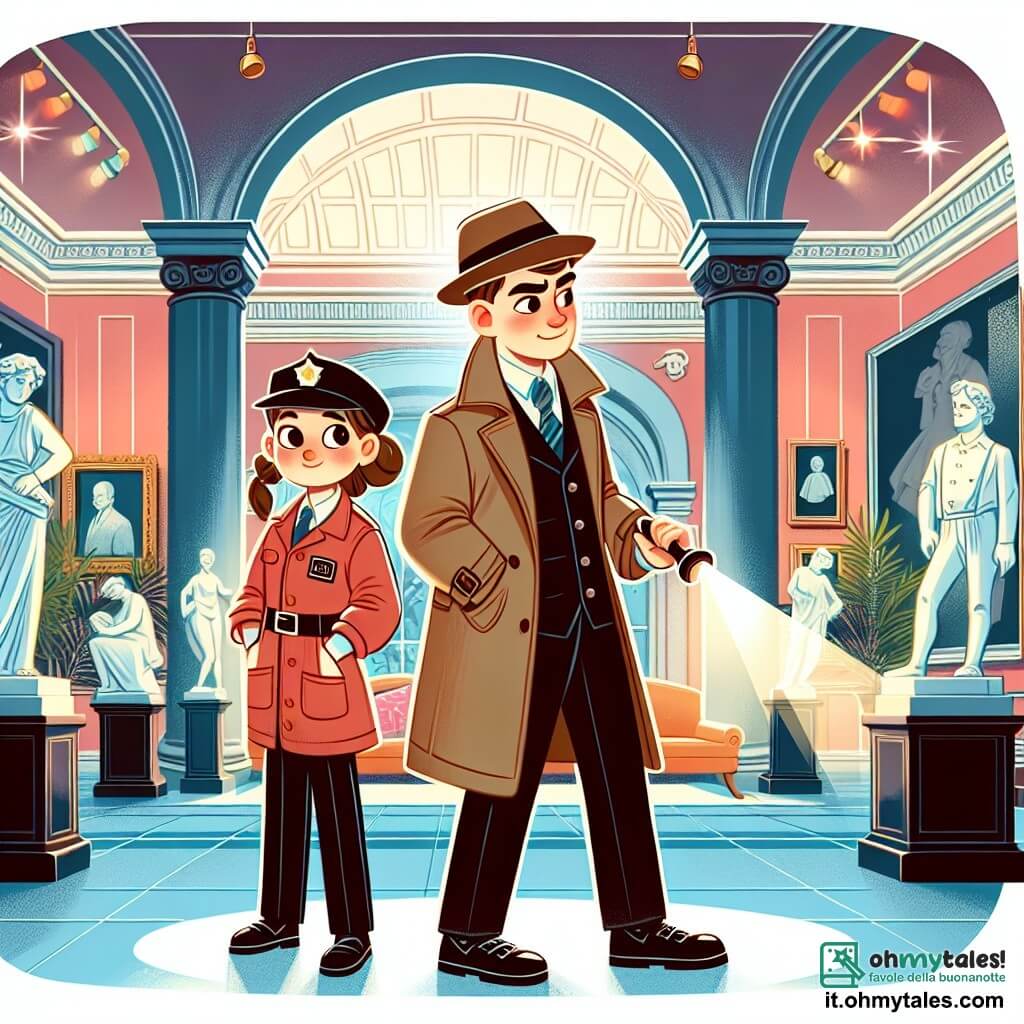 Une illustration destinée aux enfants représentant un détective homme astucieux enquêtant sur un mystérieux vol dans un musée d'art, accompagné d'une gardienne femme courageuse, dans un musée magnifiquement décoré de statues en marbre, de tableaux colorés et de lumières étincelantes, créant une atmosphère mystérieuse et captivante.