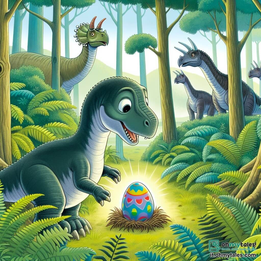 Une illustration destinée aux enfants représentant un jeune diplodocus curieux découvrant un mystérieux œuf coloré sous un cespuglio, accompagné de ses amis triceratops sages, dans une luxuriante forêt jurassique aux arbres immenses et aux fougères touffues.