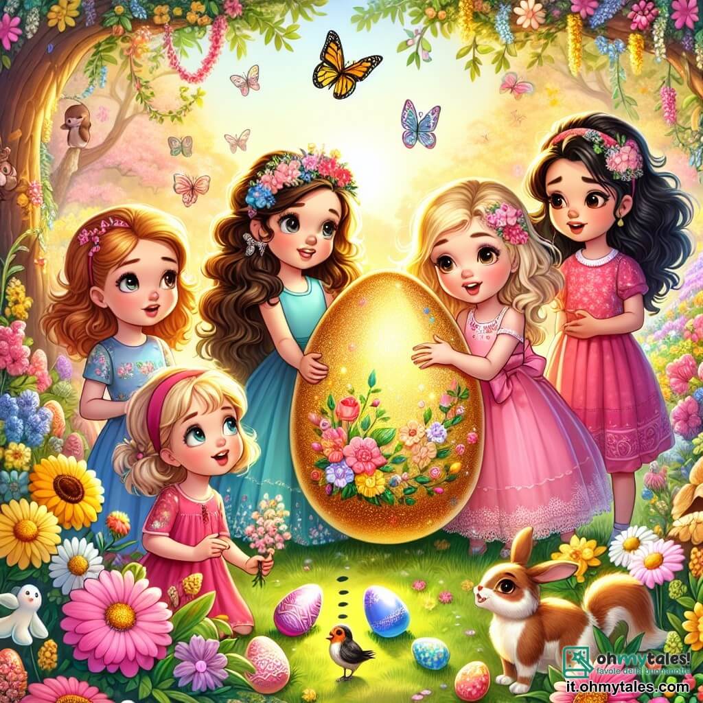 Illustrazione che rappresenta un magnifico giardino fiorito, immerso nella luce dorata del sole di Pasqua. Gli alberi sono carichi di fiori colorati e farfalle danzano nell'aria. Al centro, quattro ragazze di circa 8-10 anni sono riunite. Una di loro, con lunghi capelli castani e un vestito rosa, tiene un grande uovo d'oro scintillante. Un'altra, con capelli biondi e ricci, indossa un vestito blu e sorride con meraviglia. La terza, con capelli castani e una treccia, guarda attentamente a terra, mentre l'ultima, con capelli neri e un cappello fiorito, punta un dito su un'impronta misteriosa nell'erba. Le ragazze sono circondate da fiori colorati e animali da giardino, come un piccolo coniglio curioso e uccelli canterini. L'atmosfera è gioiosa e magica, catturando l'emozione della ricerca dell'uovo d'oro. Uova di Pasqua colorate sono sparse attorno a loro, aggiungendo un tocco festivo alla scena.