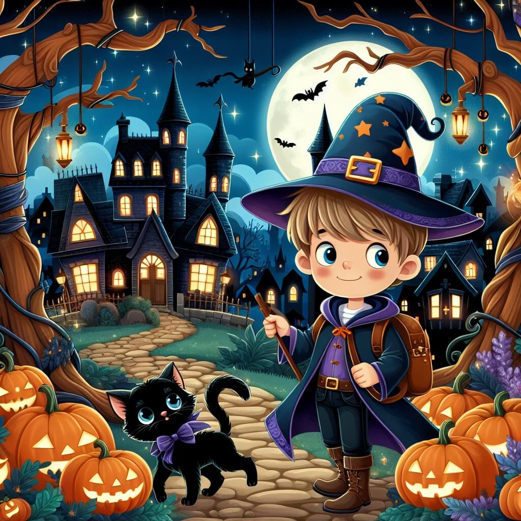 Une illustration destinée aux enfants représentant un jeune garçon déguisé en sorcier, accompagné d'un adorable chat noir, explorant un village ensorcelé rempli de maisons hantées, de citrouilles lumineuses et d'arbres aux branches noueuses, pour une aventure inoubliable lors d'une nuit magique d'Halloween.