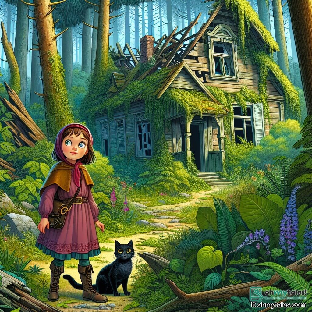 Une illustration destinée aux enfants représentant une jeune fille courageuse, égarée dans une forêt sombre et mystérieuse, accompagnée d'un chat noir malicieux, devant une vieille maison abandonnée au toit effondré, aux fenêtres brisées et envahie par la végétation luxuriante.