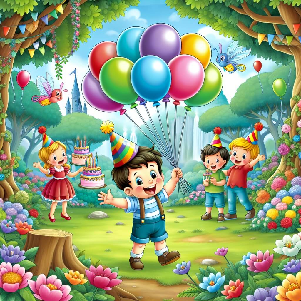 Une illustration destinée aux enfants représentant un petit garçon tout excité, entouré de ballons multicolores, qui célèbre son anniversaire avec ses amis dans un jardin enchanté rempli de fleurs colorées et d'arbres majestueux.