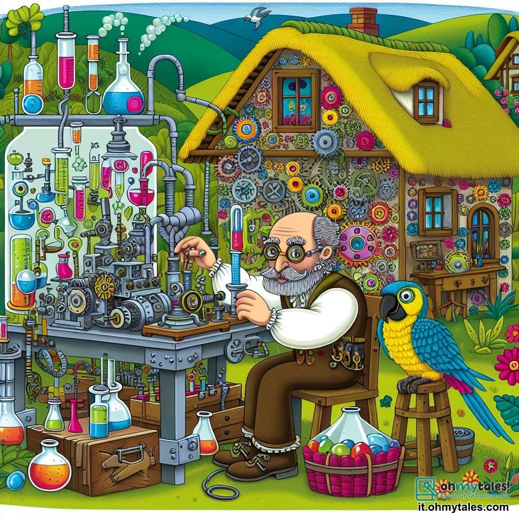 Une illustration destinée aux enfants représentant un homme excentrique, entouré de machines étranges, dans son laboratoire coloré, inventant des machines farfelues, avec l'aide de son fidèle perroquet, dans une petite maison au toit de chaume, au milieu d'un village paisible entouré de collines verdoyantes et de fleurs colorées.