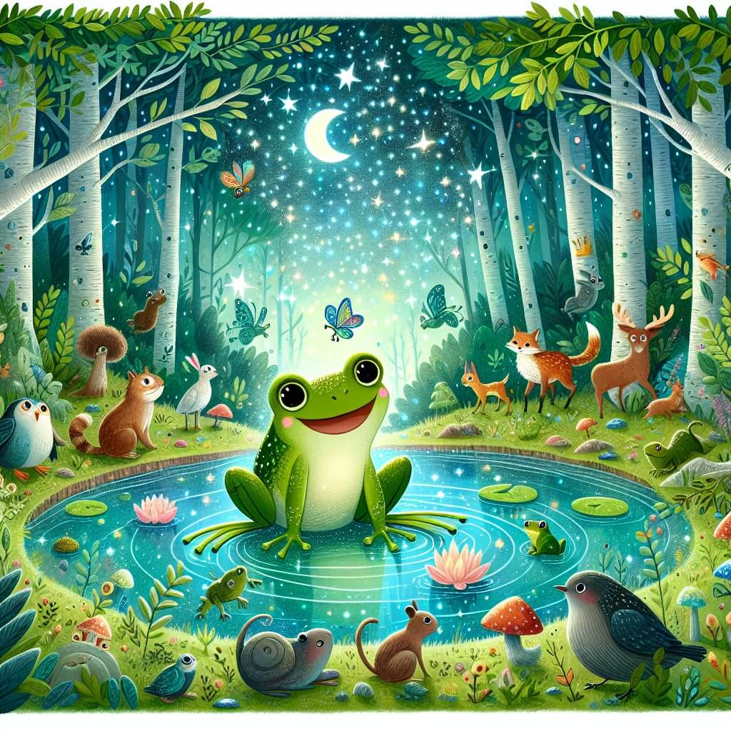 Une illustration destinée aux enfants représentant une grenouille joyeuse et curieuse, entourée d'autres animaux de la forêt, dans un magnifique laghetto scintillant, au milieu d'une dense et verdoyante forêt enchantée.