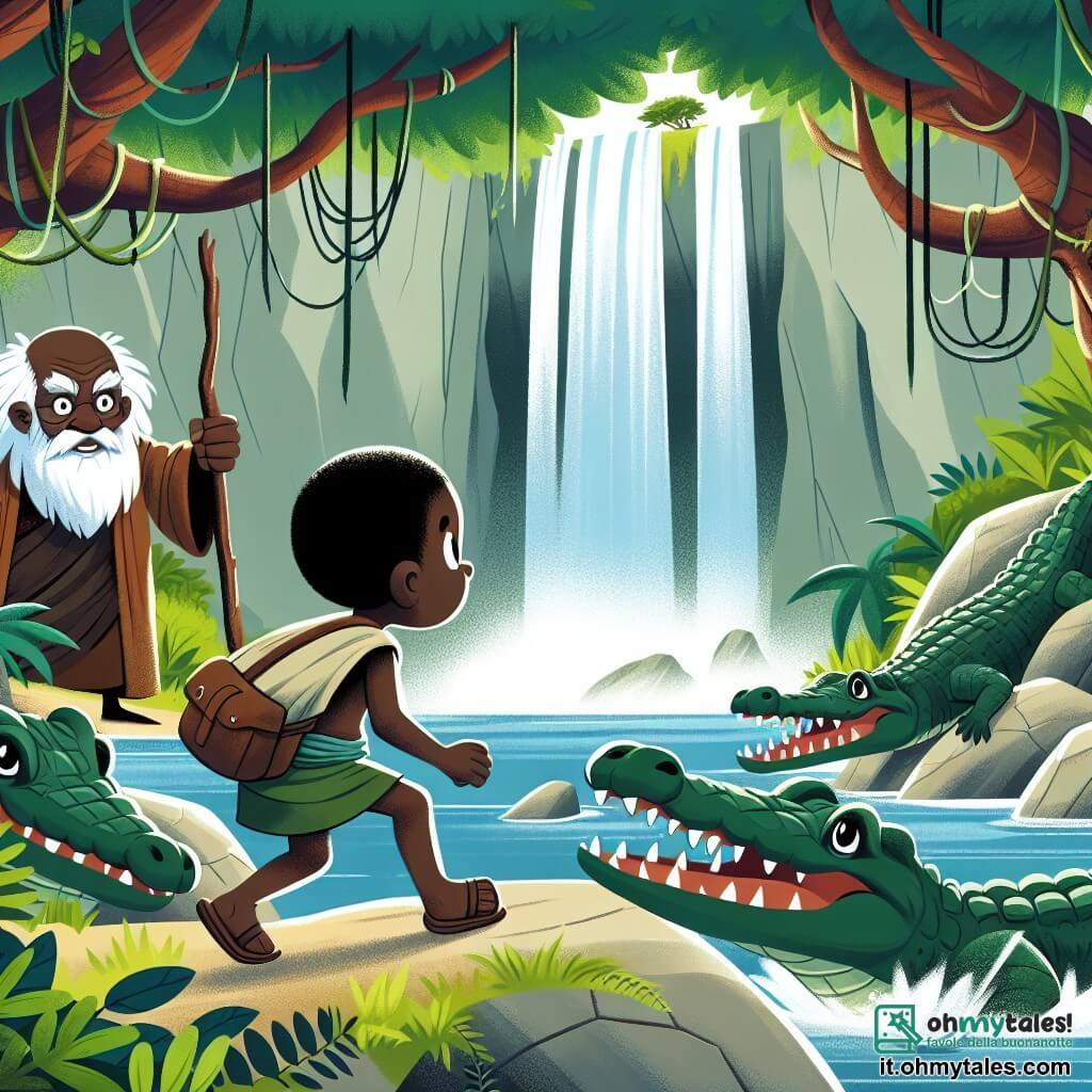 Une illustration destinée aux enfants représentant un jeune garçon courageux affrontant des coccodrilles féroces pour atteindre une majestueuse cascade cachée au cœur d'une dense forêt africaine, sous le regard bienveillant d'un vieux sage barbu.