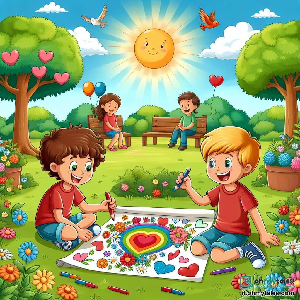 Illustrazione che rappresenta un parco soleggiato, pieno di verde lussureggiante e fiori colorati. Al centro, due ragazzi di circa otto anni giocano insieme. Uno ha i capelli castani e ricci, indossa una maglietta rossa e pantaloni blu, mentre l'altro ha i capelli biondi e lisci, vestito con una maglietta verde e pantaloni corti. Sono seduti sull'erba, circondati da palloni colorati, mentre discutono con entusiasmo. La scena mostra i due bambini intenti a disegnare un grande poster con cuori e fiori, simboleggiando le loro idee per migliorare la comunicazione tra le famiglie. Sullo sfondo, si vedono genitori sorridenti seduti su una panchina, che ascoltano attentamente i loro figli. Uccelli cantano sugli alberi e un sole radioso splende in un cielo blu chiaro, creando un'atmosfera gioiosa e calorosa.