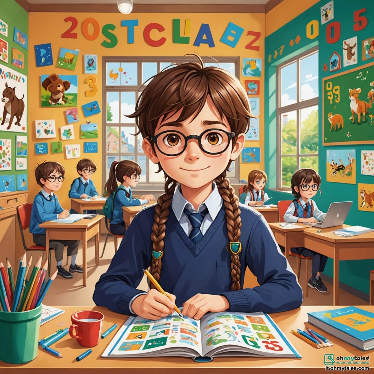 Une illustration destinée aux enfants représentant un garçon aux cheveux bruns et aux yeux pétillants, plein d'énergie et de curiosité, qui se trouve dans une classe colorée, ornée de dessins d'animaux et de chiffres sur les murs, où il travaille avec sa camarade de classe, une fille aux lunettes et aux tresses, sur un projet amusant sur les règles de vie à l'école.