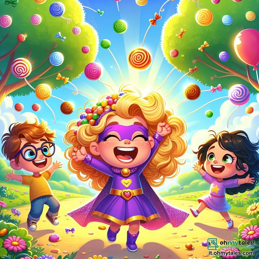 Illustrazione che rappresenta una scena gioiosa in un parco soleggiato, pieno di grandi alberi con foglie verdi brillanti e fiori colorati che danzano al vento. Al centro, una ragazza dai capelli ricci e dorati, vestita con un costume da supereroina viola con una mantella scintillante, sorride ampiamente mentre fa apparire caramelle multicolori che fluttuano intorno a lei. Accanto a lei, due bambini: un ragazzo di circa 8 anni con occhiali e capelli castani arruffati, che guarda con meraviglia le caramelle, e una ragazza di 7 anni, con capelli lisci e neri, che salta di gioia alzando le braccia. La scena trasmette un'atmosfera di felicità e amicizia, con scoppi di risate e caramelle che volano nell'aria, creando un'atmosfera magica e festosa. Palloncini colorati fluttuano nel cielo blu, aggiungendo un tocco di festa all'insieme.