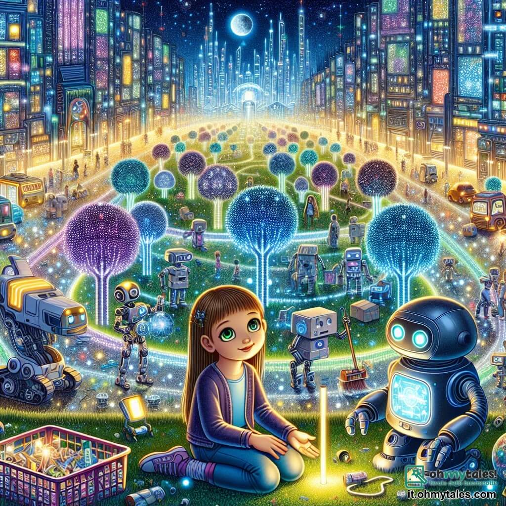 Une illustration sous forme de dessin destinée aux enfants représentant un parc futuriste au cœur d'une ville scintillante, avec des arbres métalliques illuminés et des robots qui s'affairent autour, mettant en avant une fille de 9 ans aux longs cheveux bruns et aux yeux verts, qui observe avec curiosité un petit robot amical à ses côtés, tandis qu'un groupe de robots de nettoyage tourne en rond, confus, illustrant la situation où la jeune fille et son ami robot tentent de résoudre le mystère d'un système de recyclage défaillant, le tout baigné dans une lumière vive et colorée, symbolisant l'espoir et l'innovation.
