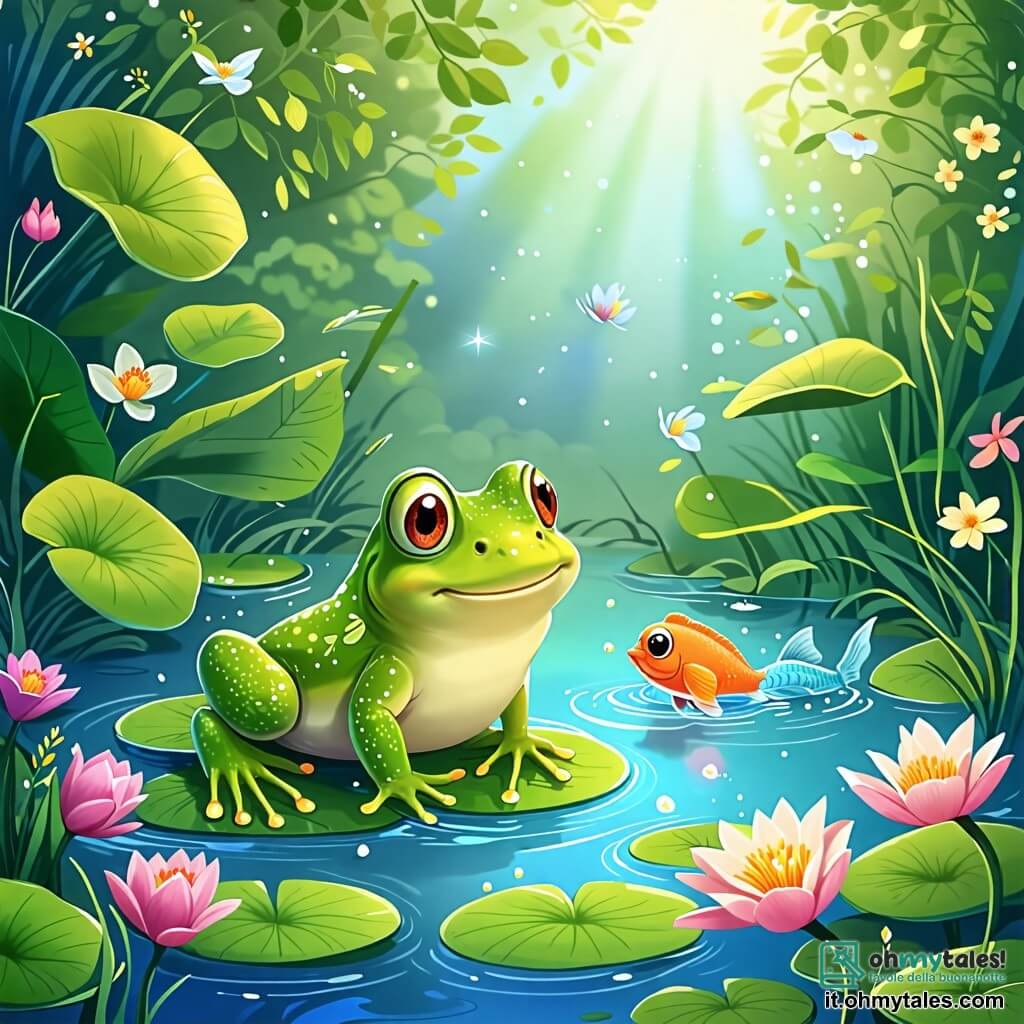 Une illustration sous forme de dessin destinée aux enfants représentant un paisible étang entouré de grandes feuilles vertes et de fleurs colorées, avec une petite grenouille aux yeux pétillants et à la peau verte brillante sautillant joyeusement sur une feuille de nénuphar, tandis qu'un poisson aux écailles scintillantes nage à côté d'elle, tous deux riant et s'amusant ensemble, illustrant l'amitié et l'aventure dans un monde magique rempli de vie.