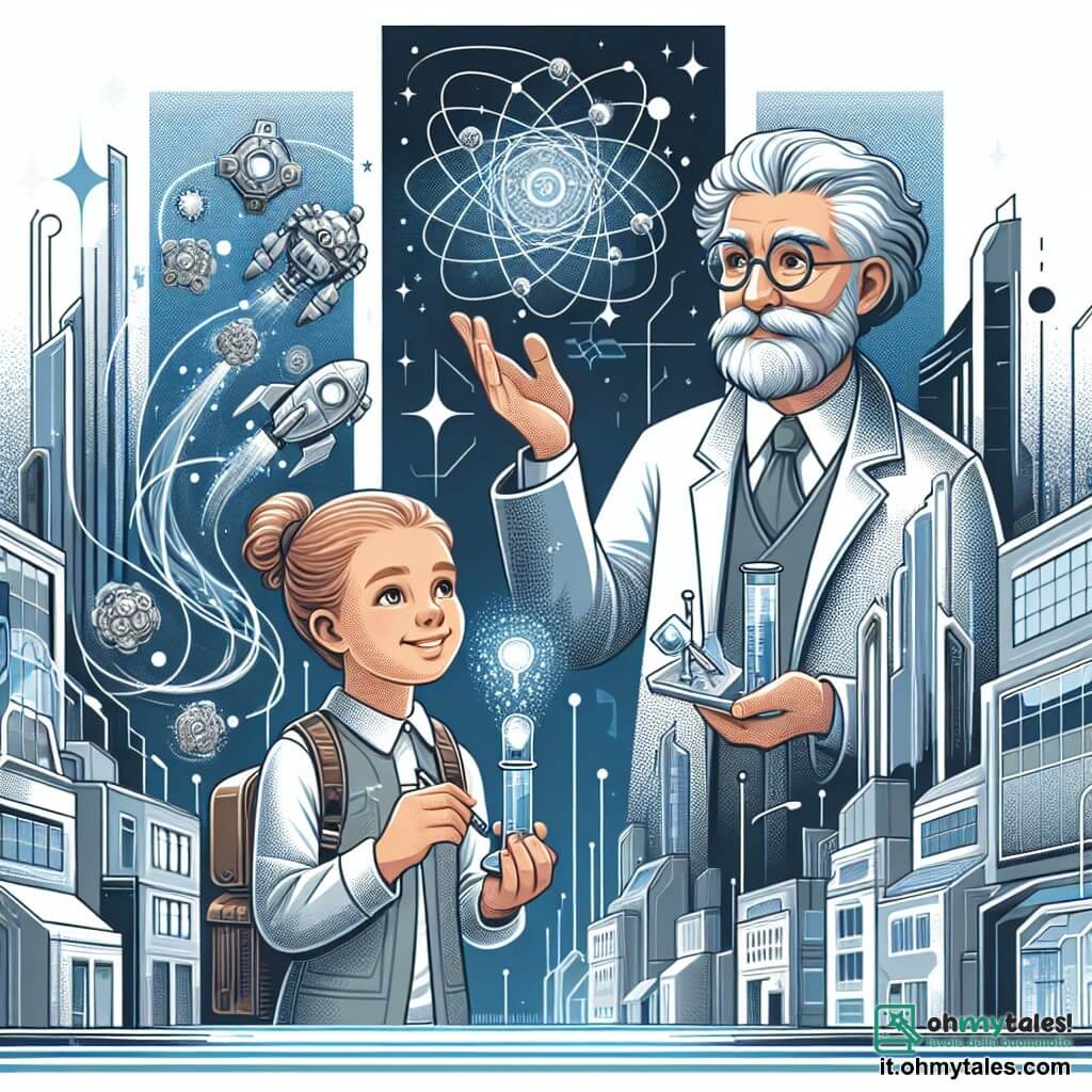 Une illustration destinée aux enfants représentant une jeune fille curieuse et ingénieuse participant à un concours de sciences dans une ville futuriste aux rues sospese dans le ciel, accompagnée par le génial Professor Valerio.
