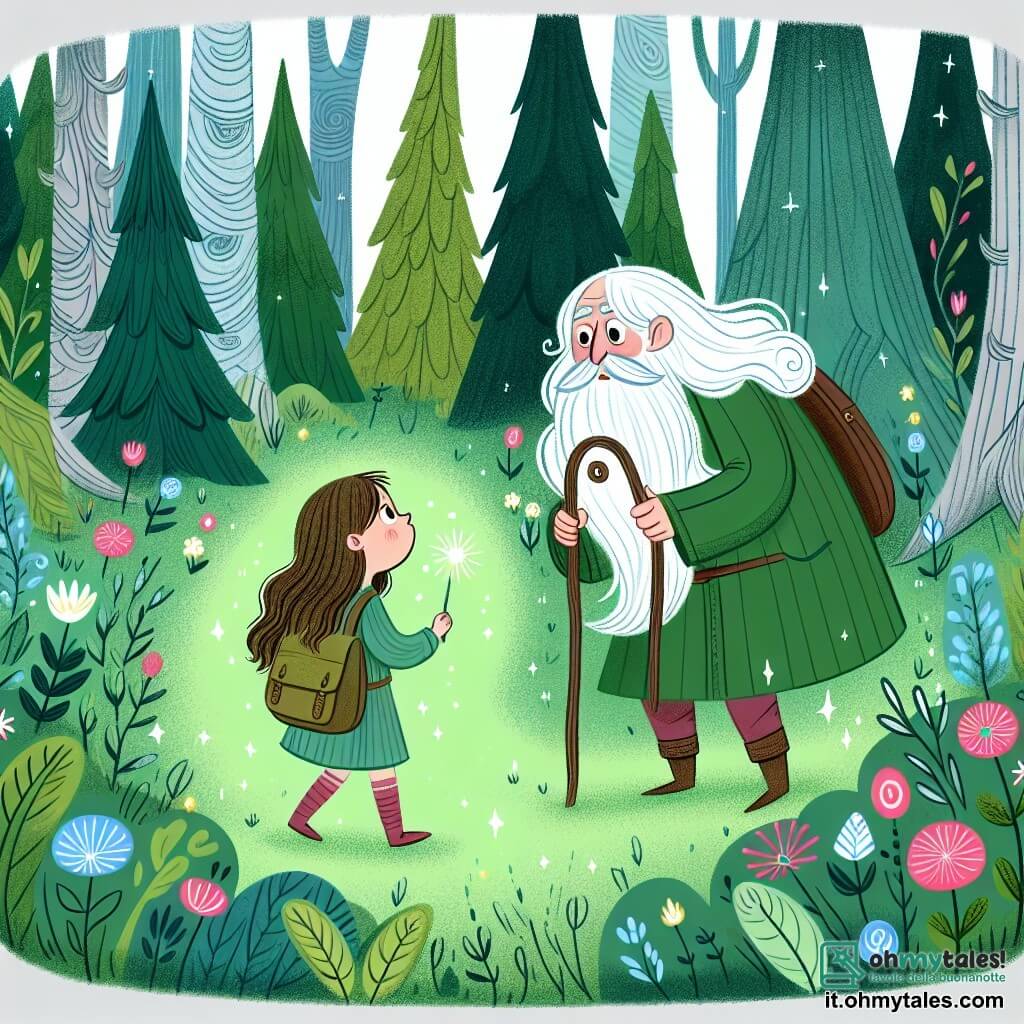 Une illustration destinée aux enfants représentant une jeune fille curieuse se retrouvant dans un prato verde magico, accompagnée d'un vieux sage avec une barbe blanche, dans une forêt enchantée avec alberi altissimi et fiori colorati.