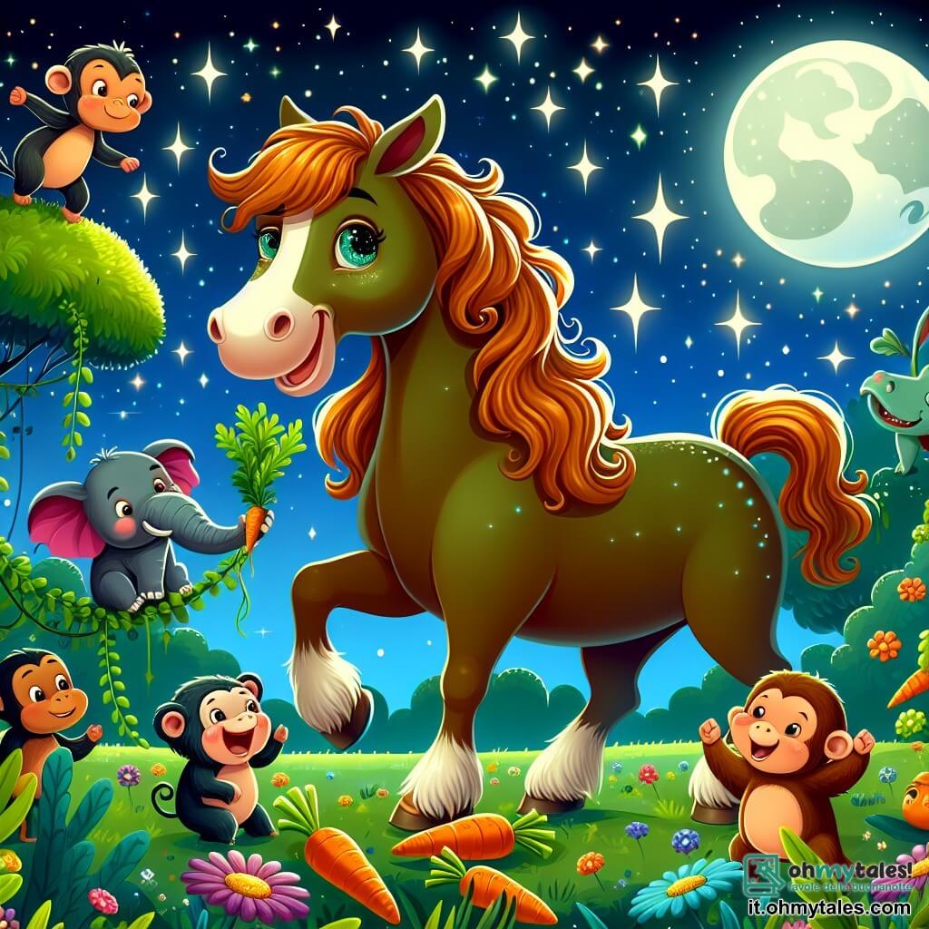 Illustrazione che rappresenta un campo verdeggiante sotto un cielo stellato, illuminato dalla dolce luce della luna. Al centro, un maestoso cavallo dal manto bruno dorato, con una criniera ondulante e occhi scintillanti di entusiasmo, si tiene gioiosamente con una grande carota tra i denti. Intorno a lui, diversi animali colorati: un piccolo scimpanzé dai peli neri che sta arrampicandosi su una liana, un elefante con grandi orecchie rosa che balla con vivacità e una tartaruga dal guscio verde, sorridente, che osserva la scena con benevolenza. Tutti gli animali sono riuniti attorno a un banchetto di carote, ridendo e divertendosi, mentre stelle scintillanti e fiori brillanti aggiungono un tocco di magia a questa gioiosa festa notturna.