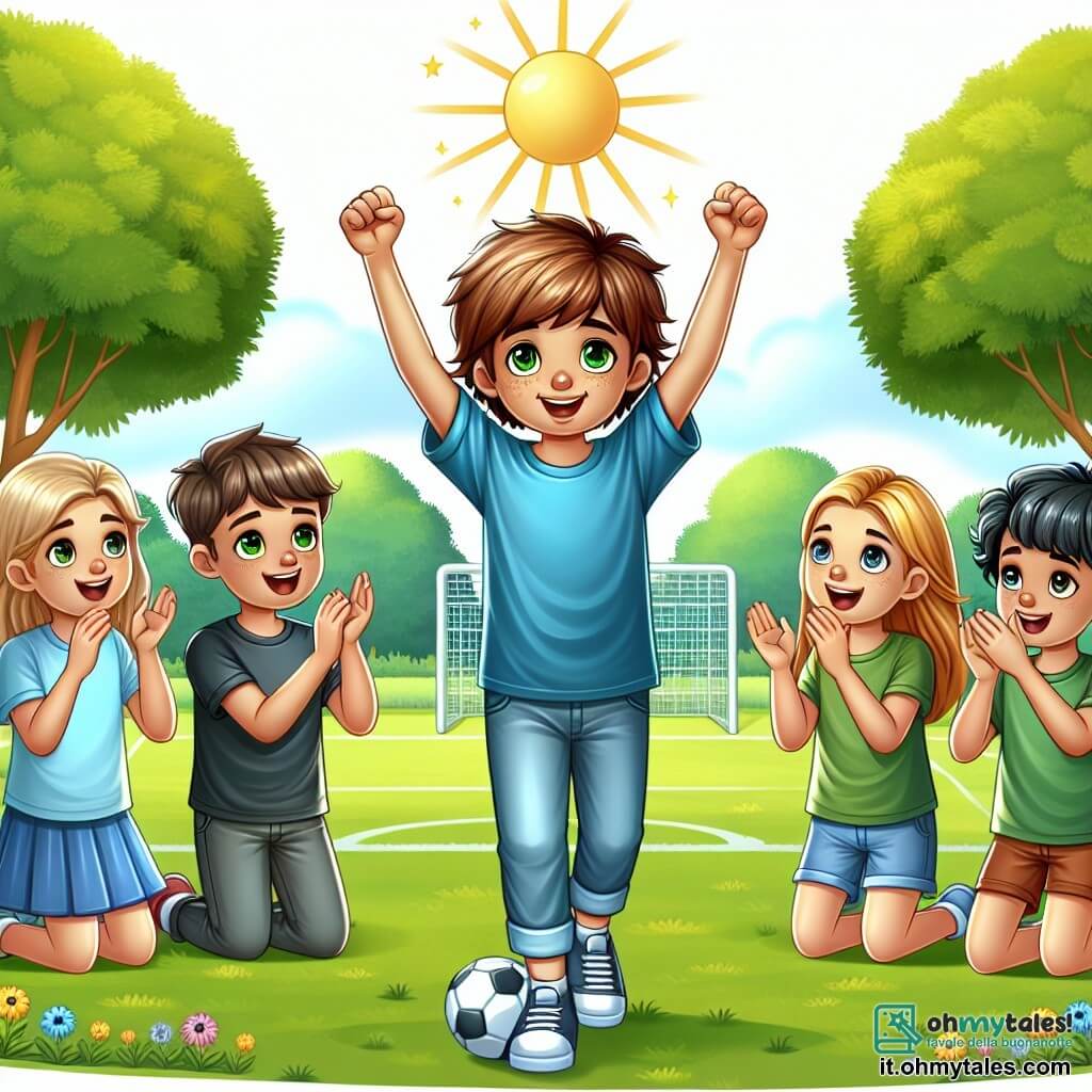 Une illustration sous forme de dessin destinée aux enfants représentant un parc ensoleillé avec des arbres verts et des fleurs colorées, où un garçon de 11 ans aux cheveux bruns et aux yeux verts, portant une t-shirt bleu et des jeans, se tient au centre, souriant et levant les bras en signe de victoire après avoir marqué un but lors d'un match de football, tandis qu'un groupe d'amis, dont une fille aux cheveux blonds et un garçon aux cheveux noirs, l'applaudissent et l'encouragent, illustrant ainsi le thème de la confiance en soi et de l'amitié.