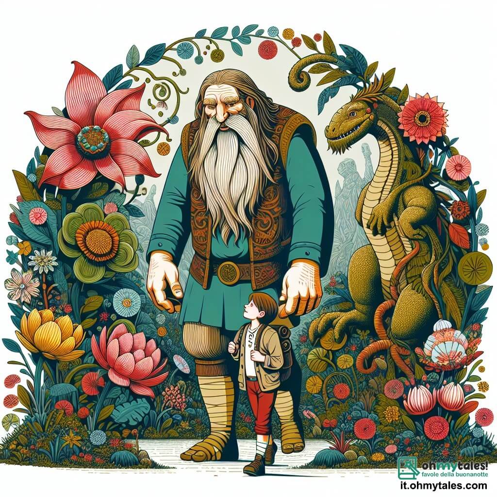Une illustration destinée aux enfants représentant un géant bienveillant, accompagné d'un jeune explorateur intrépide, découvrant un monde enchanté rempli de fleurs géantes et d'arbres majestueux, dans lesquels ils se promènent avec émerveillement.