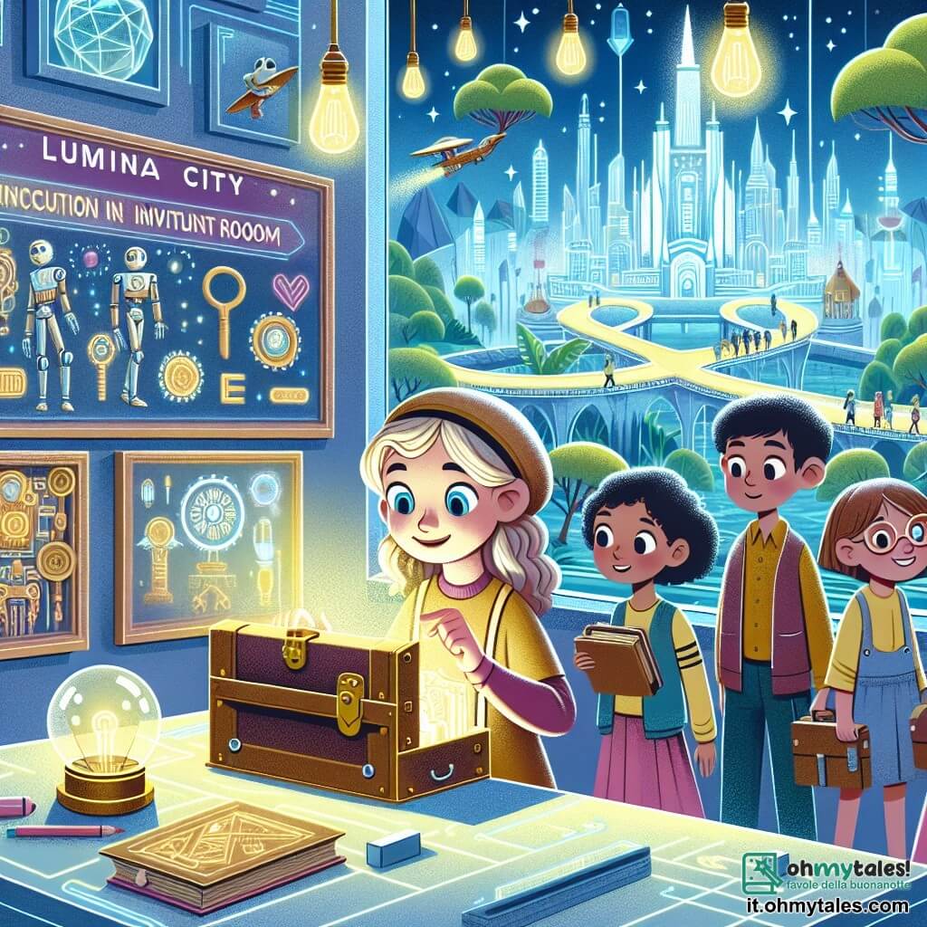 Une illustration destinée aux enfants représentant une fille curieuse vivant dans une ville futuriste, découvrant une chambre secrète pleine d'objets anciens, accompagnée de trois enfants, deux garçons et une fille, dans un musée des inventions entouré d'arbres flottants et de routes lumineuses à Lumina City.