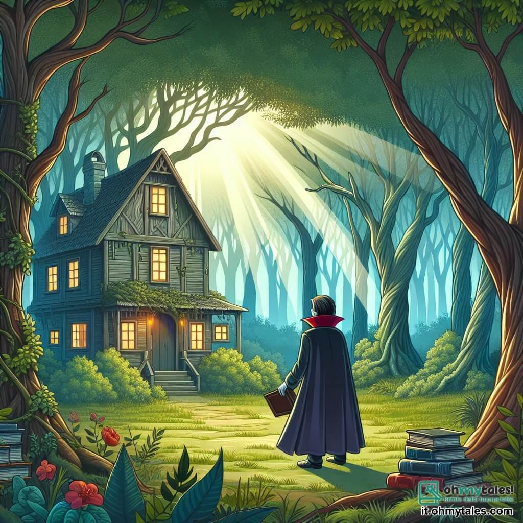 Une illustration destinée aux enfants représentant un vampire solitaire, à la recherche d'un ami, découvrant un mystérieux livre dans une vieille maison abandonnée, située au cœur d'un bois enchanté, rempli de majestueux arbres et de rayons de soleil filtrant à travers les feuilles.