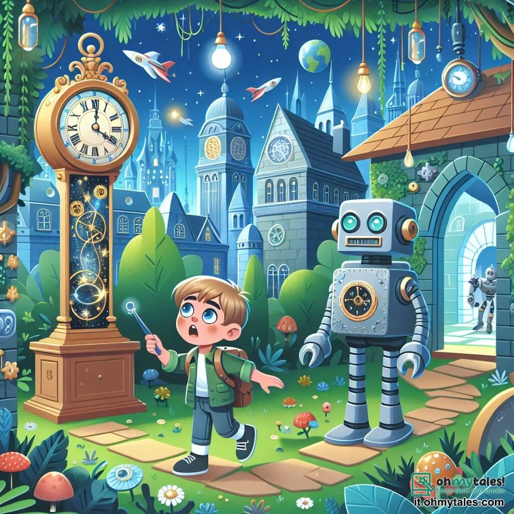 Une illustration destinée aux enfants représentant un jeune garçon curieux découvrant un mystérieux orologio dans un cortile verdoyant, accompagné d'un robot sympathique, dans un monde futuriste plein de macchine volanti et édifices scintillants.