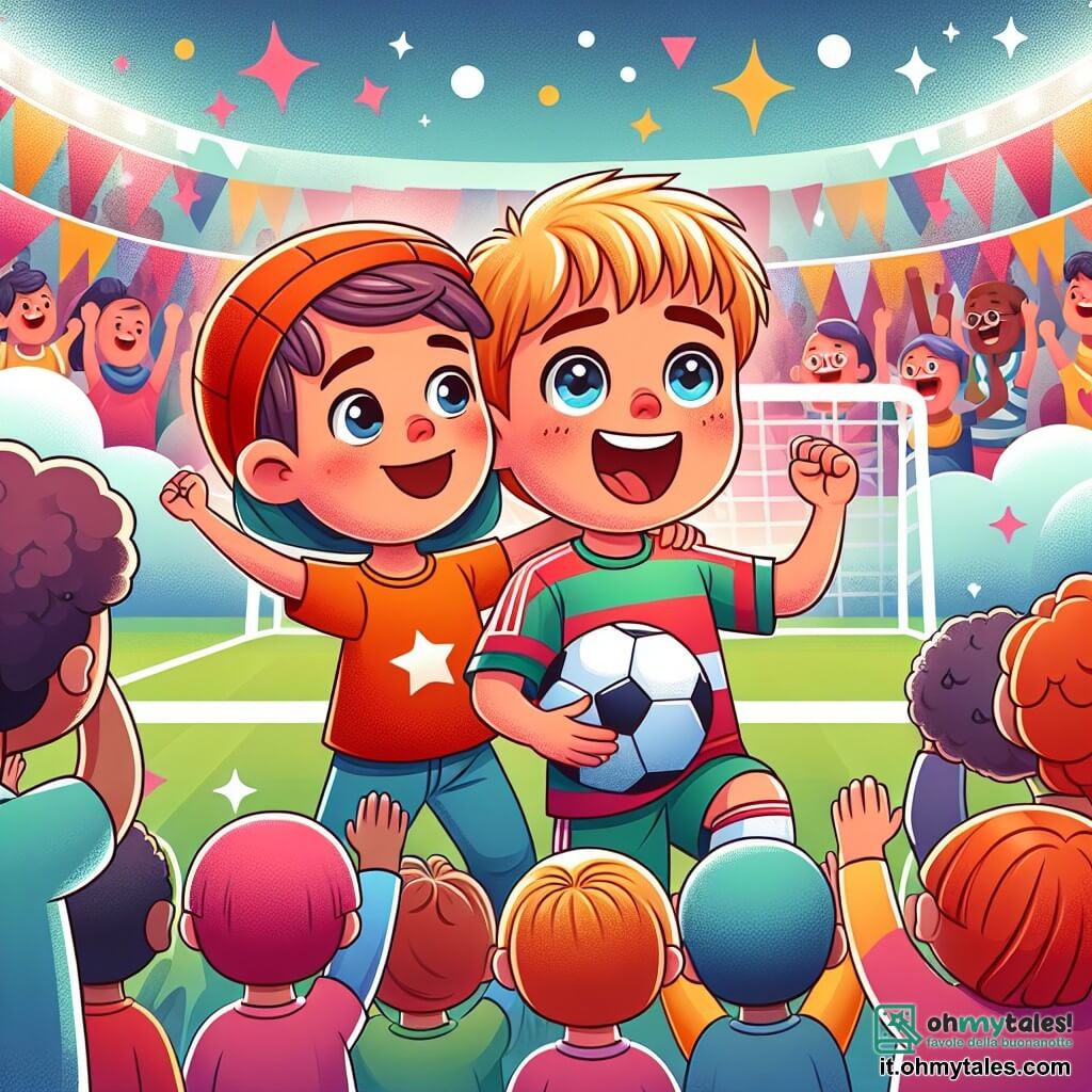 Une illustration destinée aux enfants représentant une jeune fille passionnée de football, qui réalise son rêve de devenir une joueuse professionnelle, avec l'aide précieuse de son meilleur ami, dans un stade coloré et animé par des supporters en liesse.