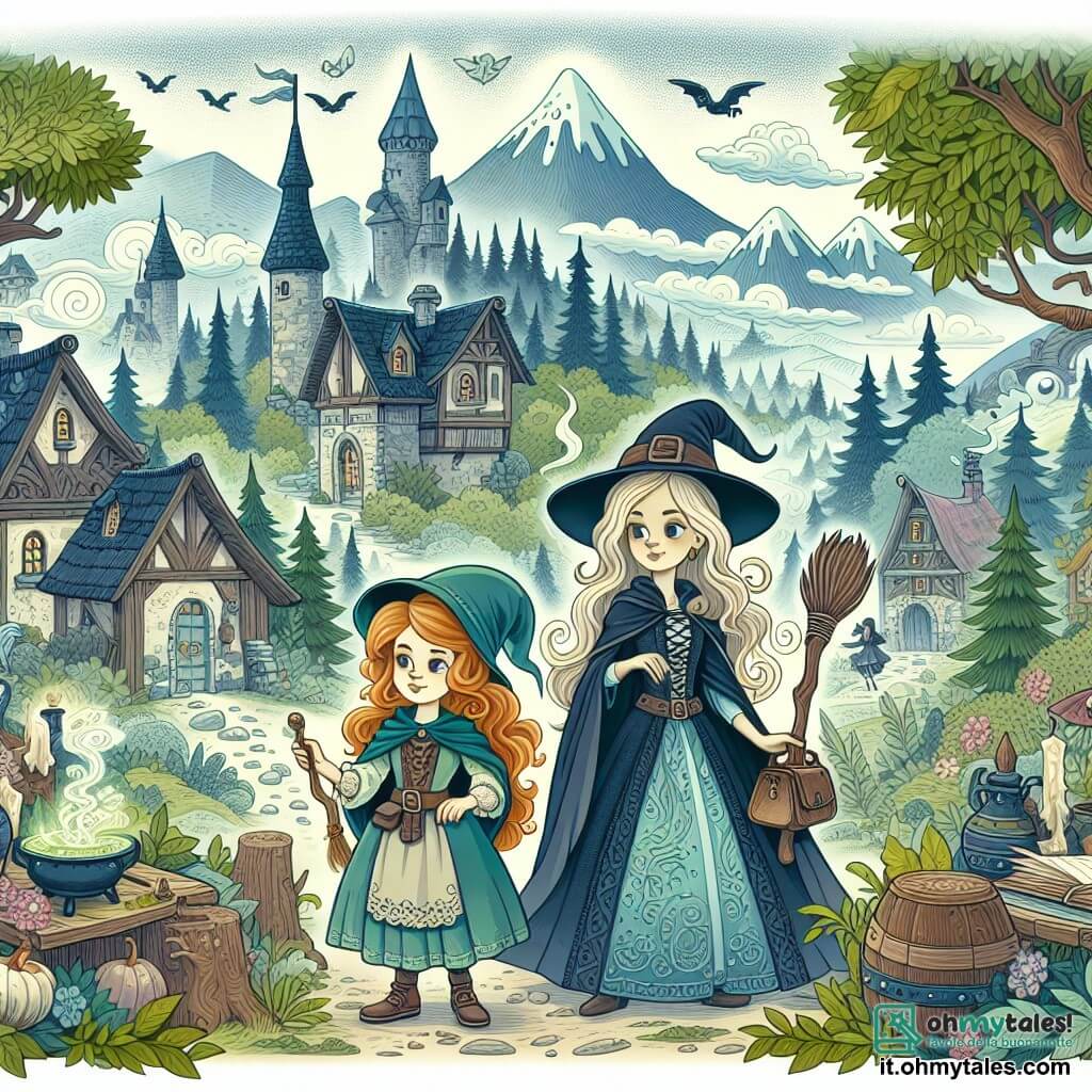 Une illustration destinée aux enfants représentant une jeune apprentie sorcière, une sorcière expérimentée, et un village magique entouré de forêts enchantées et de montagnes embrumées, où se déroulent des aventures ensorcelantes et amusantes.