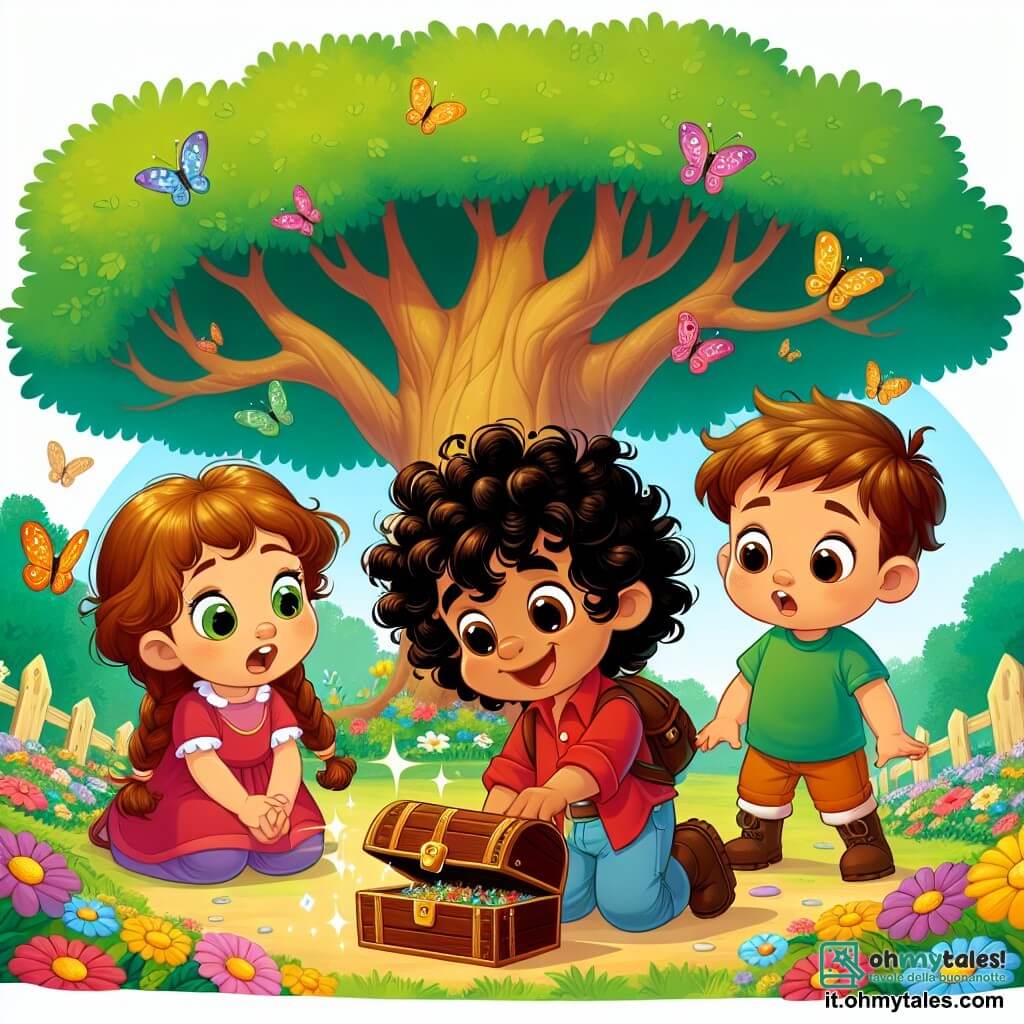 Une illustration sous forme de dessin destinée aux enfants représentant un parc coloré avec un grand arbre de chêne au centre, où un garçon de 5 ans aux cheveux noirs et bouclés, avec de grands yeux curieux, se penche avec excitation pour examiner une petite boîte en bois brillante, tandis que deux amis, une fille aux cheveux blonds tressés et un garçon aux cheveux bruns courts, l'observent avec des expressions émerveillées, tous trois vêtus de vêtements colorés, entourés de fleurs éclatantes et de papillons virevoltants, capturant l'instant où ils découvrent un mystère à résoudre ensemble.