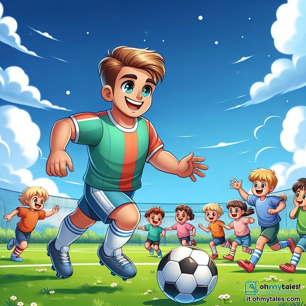 Une illustration sous forme de dessin destinée aux enfants représentant un vaste terrain de football verdoyant sous un ciel bleu éclatant, avec un homme athlétique aux cheveux bruns et aux yeux pétillants, vêtu d'un maillot coloré et dribblant un ballon de football avec enthousiasme, entouré de plusieurs enfants aux cheveux blonds et bruns, garçons et filles, qui l'observent avec admiration et tentent d'imiter ses mouvements, tandis qu'un groupe de jeunes rieurs s'amuse à faire des passes et à partager des sourires, illustrant l'esprit de camaraderie et de passion pour le football.
