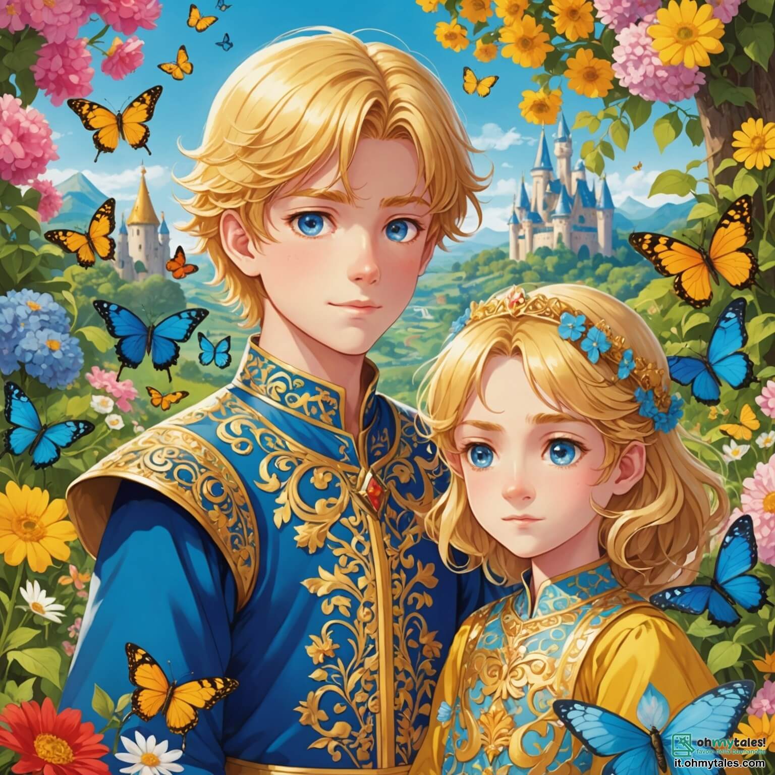 Une illustration destinée aux enfants représentant un prince courageux, aux cheveux dorés et aux yeux pétillants d'aventure, vêtu d'une tunique bleue ornée de motifs dorés, se tenant au bord d'un jardin enchanteur rempli de fleurs éclatantes aux couleurs vives, où des papillons dansent dans l'air doux et parfumé, tandis qu'une farfalla scintillante, délicate et colorée, vole autour de lui, et une belle princesse à la chevelure flamboyante, vêtue d'une robe rose chatoyante, s'approche avec un sourire radieux, prête à l'aider dans sa quête pour surmonter les épreuves magiques qui se dressent sur leur chemin dans le royaume féerique de Fiori di Luce, où la lumière du soleil filtre à travers les feuillages luxuriants, créant un tableau de rêve rempli de promesses d'amour et d'aventures.
