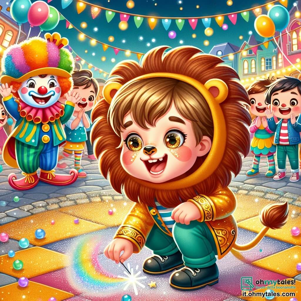 Une illustration sous forme de dessin destinée aux enfants représentant une place animée lors d'un carnaval, remplie de couleurs vives et de décorations festives, où un garçon de 3 ans, avec des cheveux bruns et des yeux pétillants, portant un costume de lion avec une crinière dorée, se penche joyeusement pour ramasser un bâton magique scintillant, tandis qu'un clown joyeux avec un nez rouge et des cheveux colorés fait des bulles de savon à proximité, et un groupe d'enfants souriants en arrière-plan applaudit, créant une atmosphère de magie et d'aventure.
